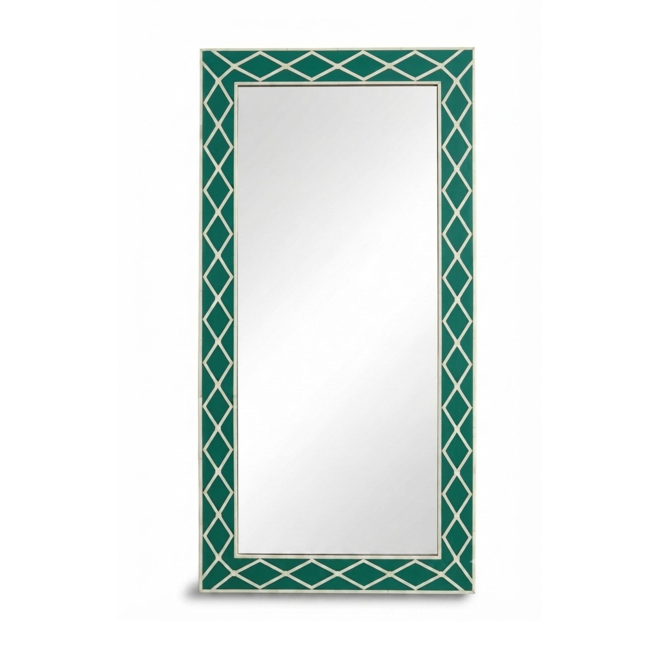 A tall rectangular wall mirror with a decorative frame featuring a green and cream geometric diamond lattice pattern, shown against a plain white background.