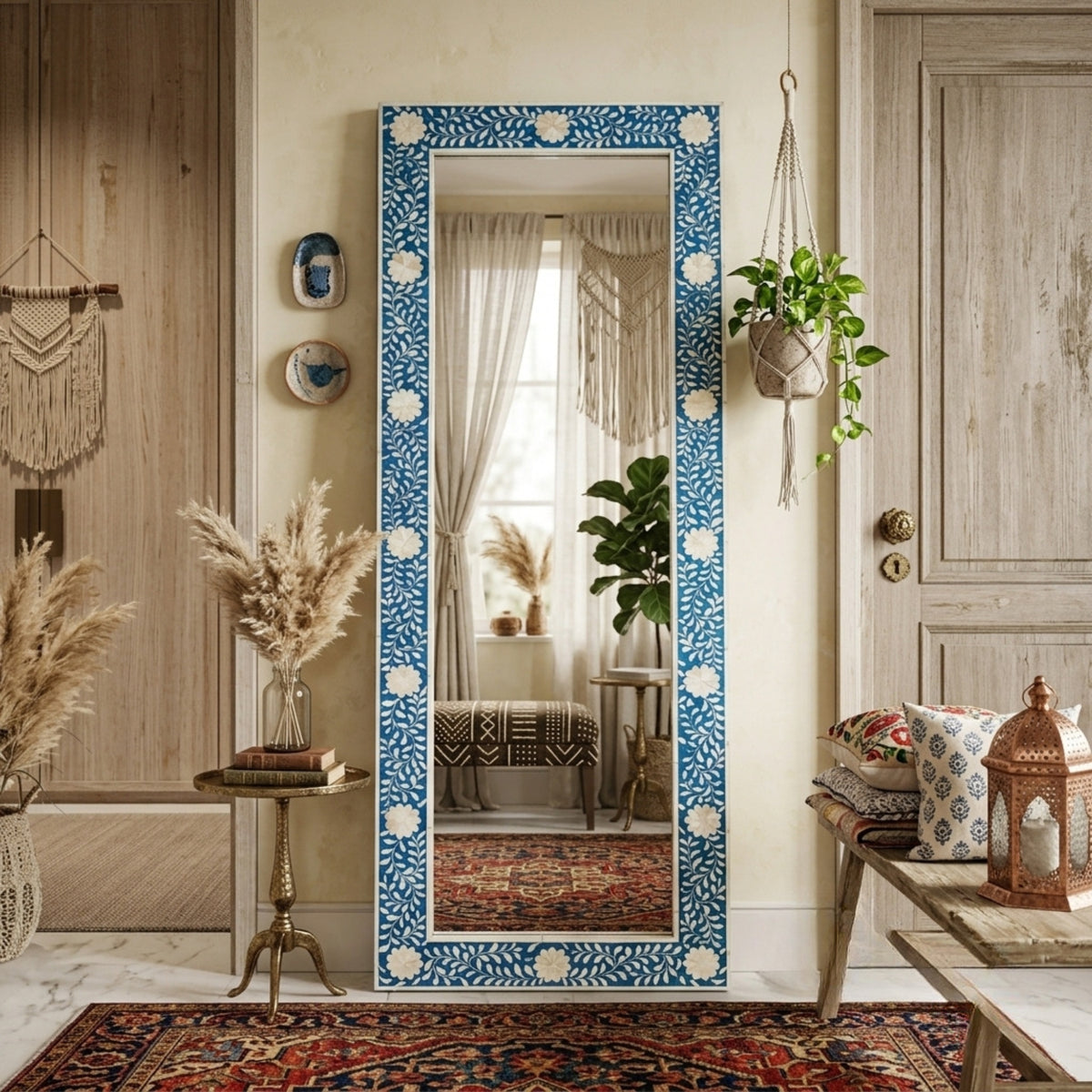 A tall rectangular floor mirror with a blue and white floral patterned frame stands in a styled room. The mirror reflects a softly lit interior with curtains, plants, and a rug, while the room itself includes wood paneling, a side table with dried grasses, pillows, and a lantern.