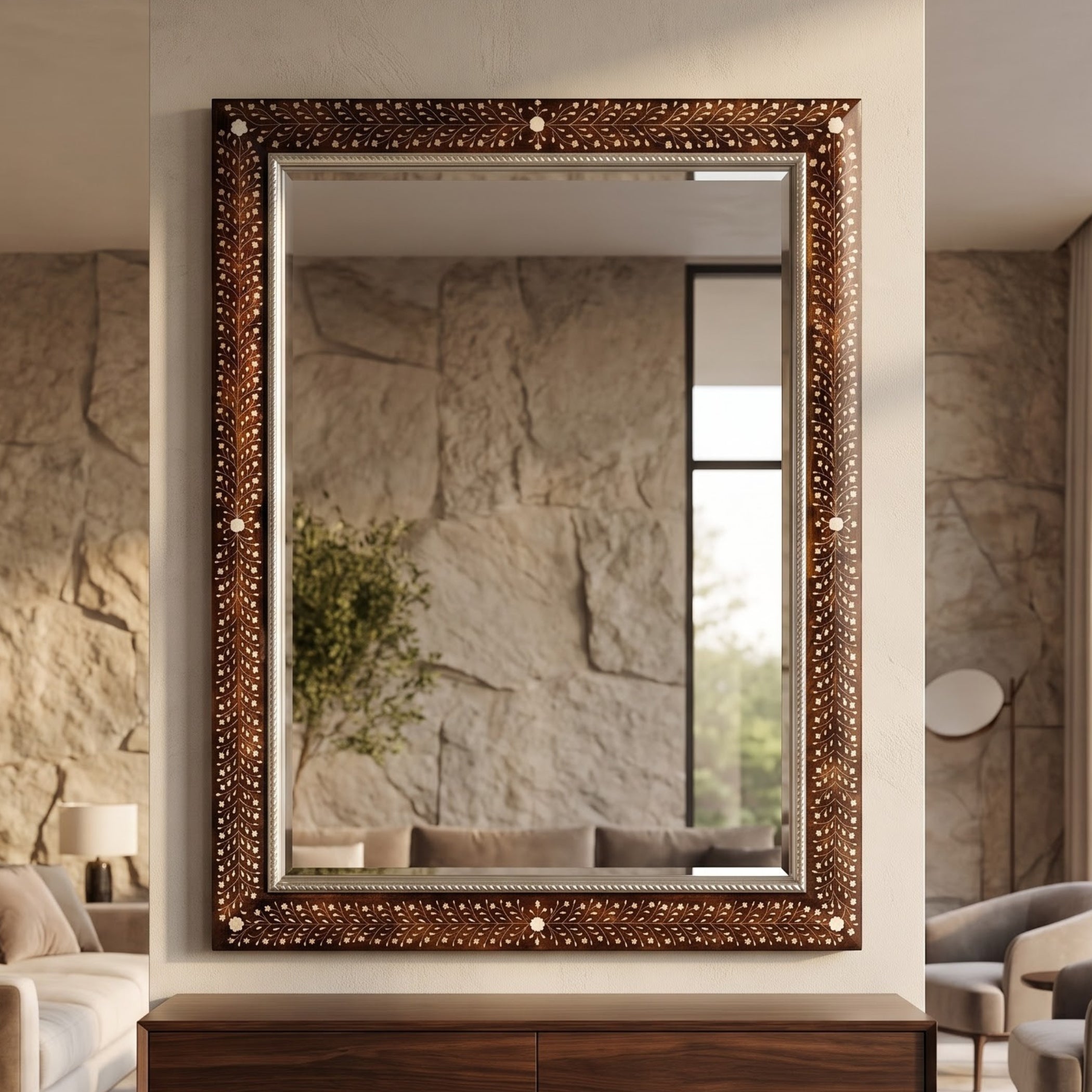 A large rectangular wall mirror with an ornate dark brown frame covered in small metallic studs, displayed in a modern living room setting above a wooden console table.