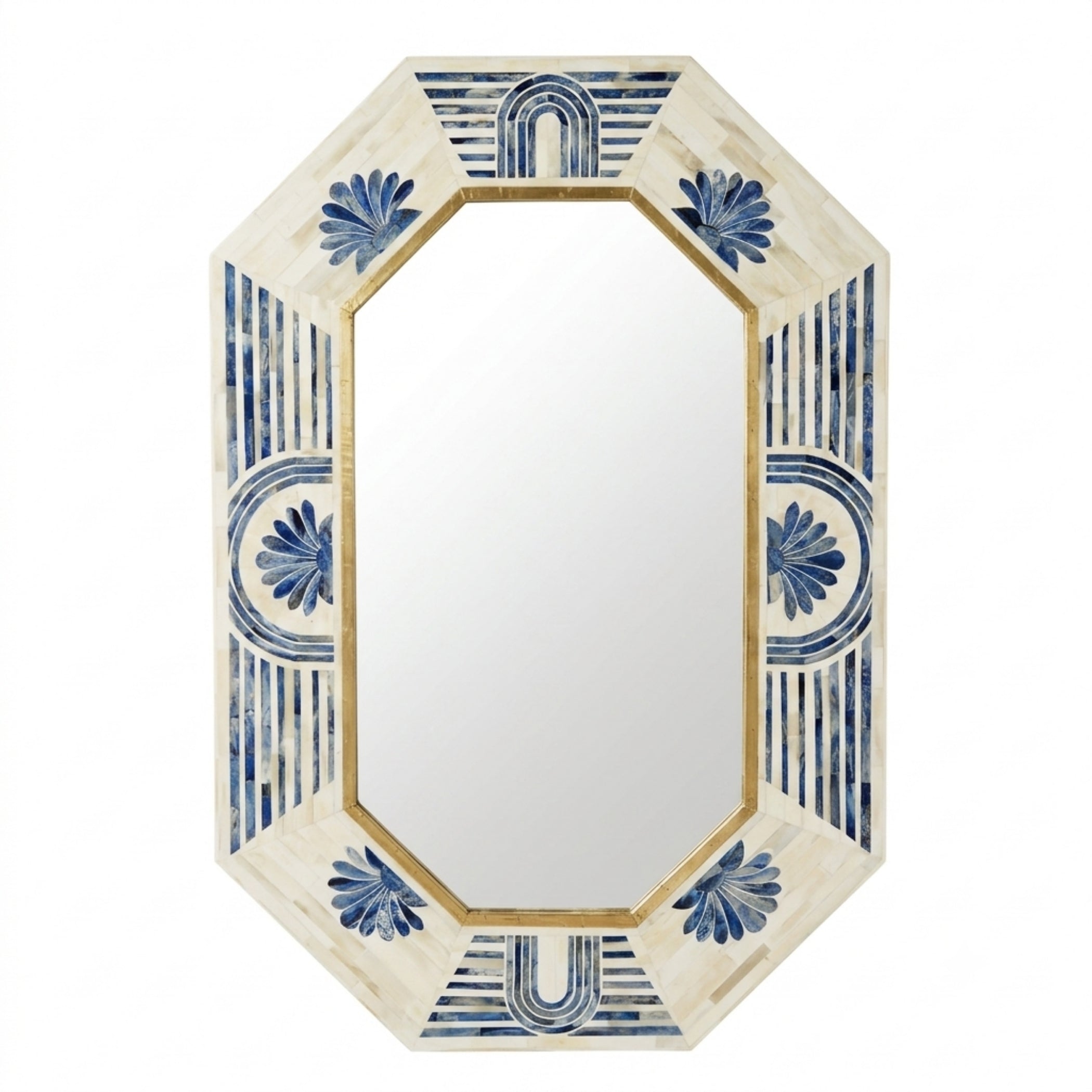 An octagonal decorative wall mirror with an off-white bone inlay frame featuring blue floral and striped patterns, and a gold-toned inner border.