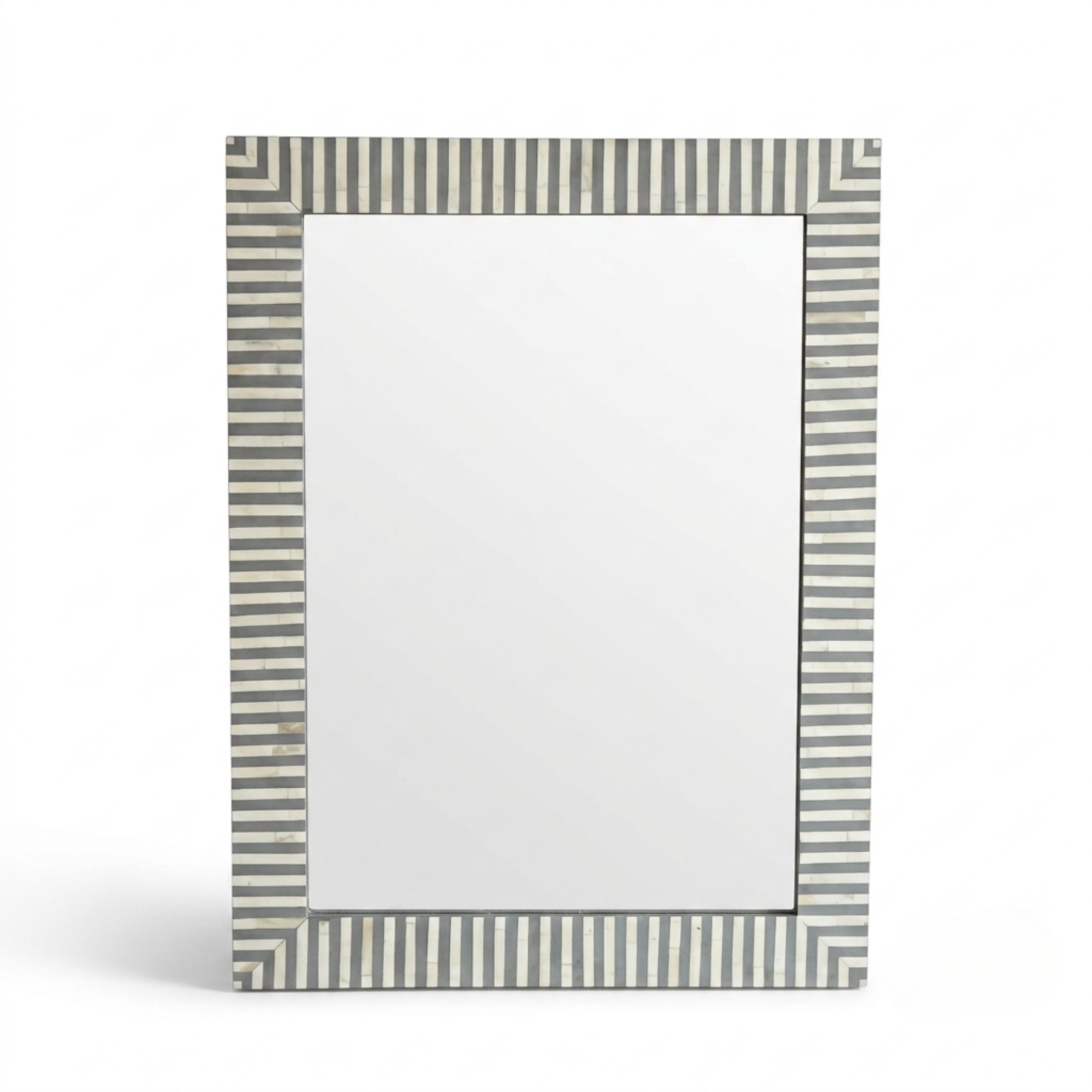 A rectangular wall mirror with a decorative striped frame in gray and white, shown against a plain white background.