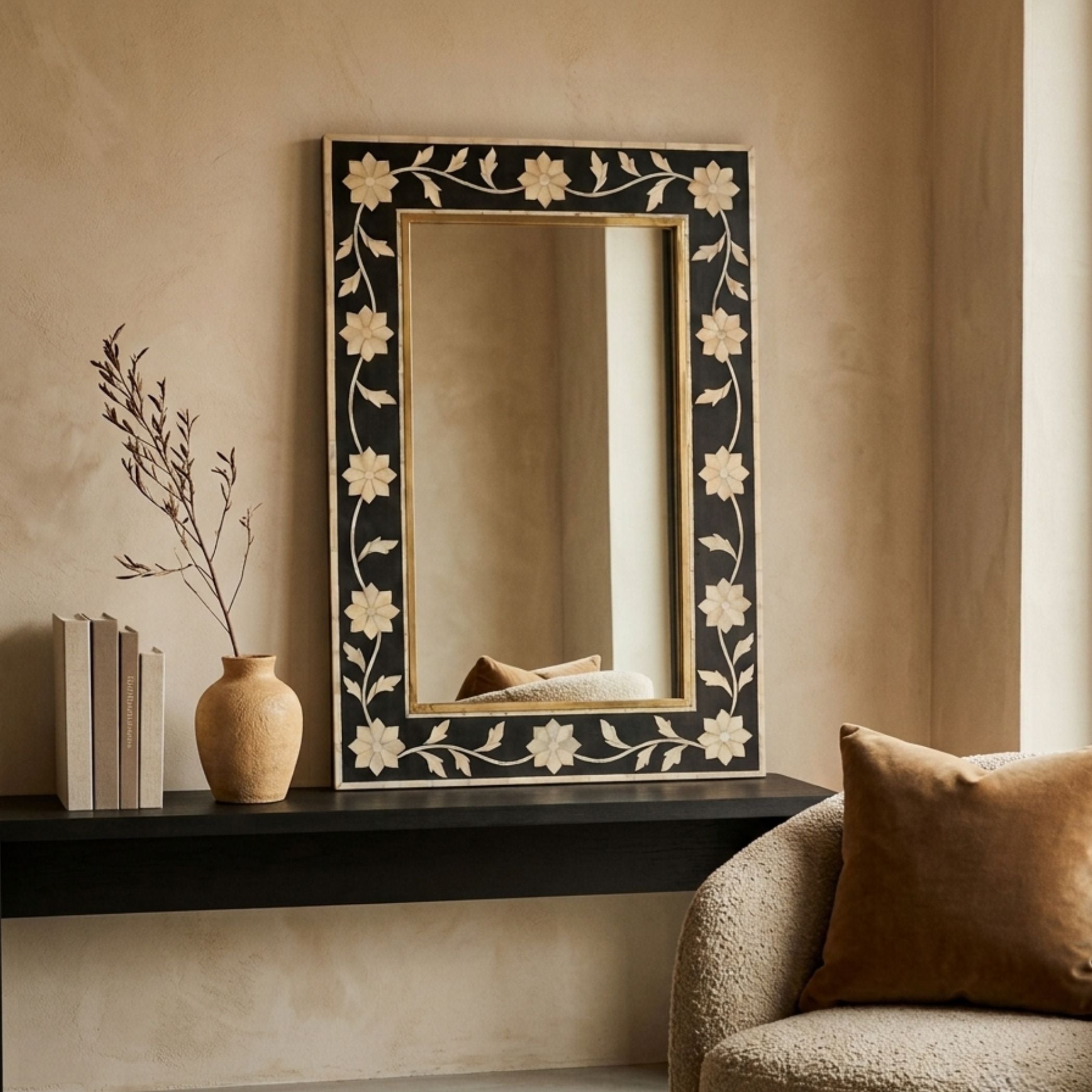 Handmade Bone Inlay Mirror | Floral Brass Detail Wall Decor