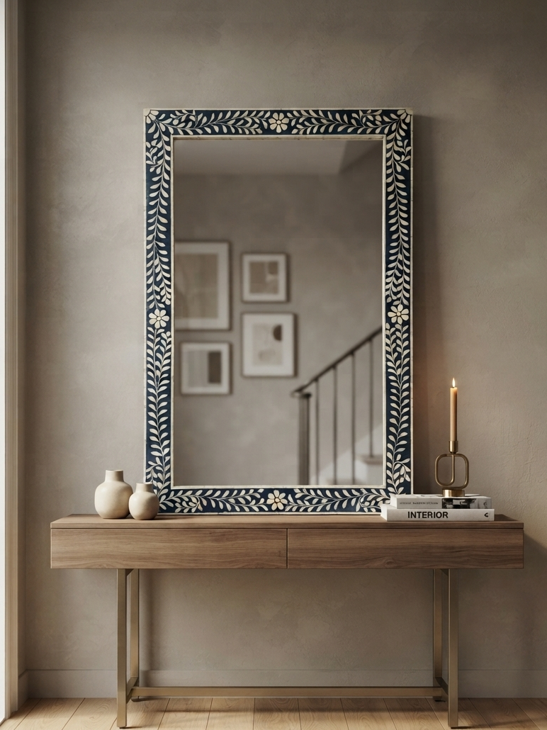 A large rectangular wall mirror with an ornate dark blue and cream bone-in-wood frame, styled on a wooden console table in a modern living room setting.