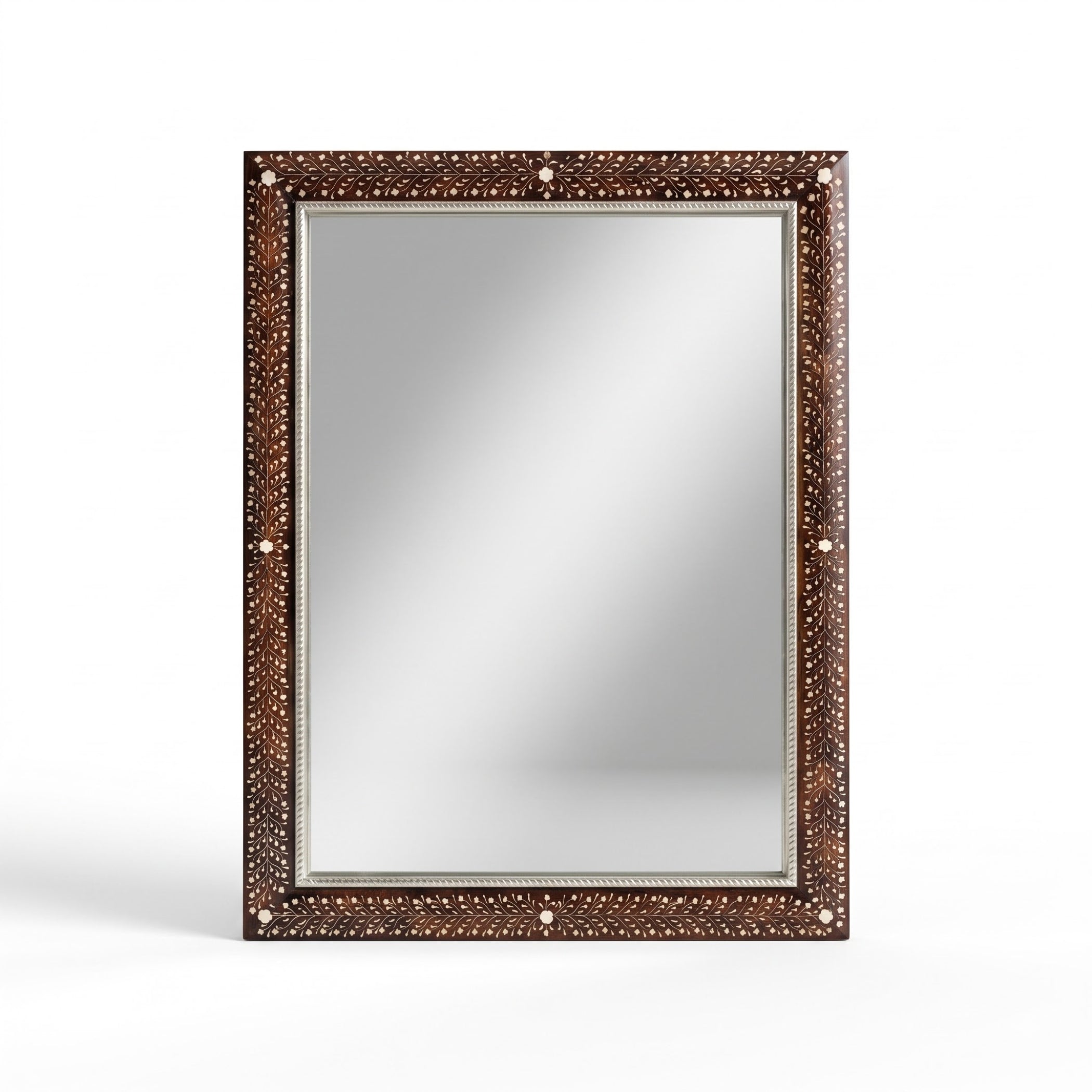 A rectangular wall mirror with an ornate dark brown frame decorated with small inlaid stones or mother-of-pearl details, shown against a plain white background.
