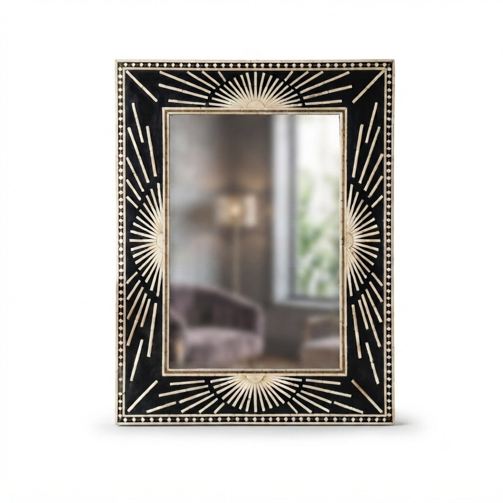 A rectangular decorative mirror with an ornate black frame featuring gold sunburst and starburst patterns, shown against a plain white background.