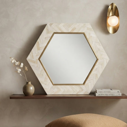 Hexagon Bone Inlay Mirror | White Luxury Wall Decor