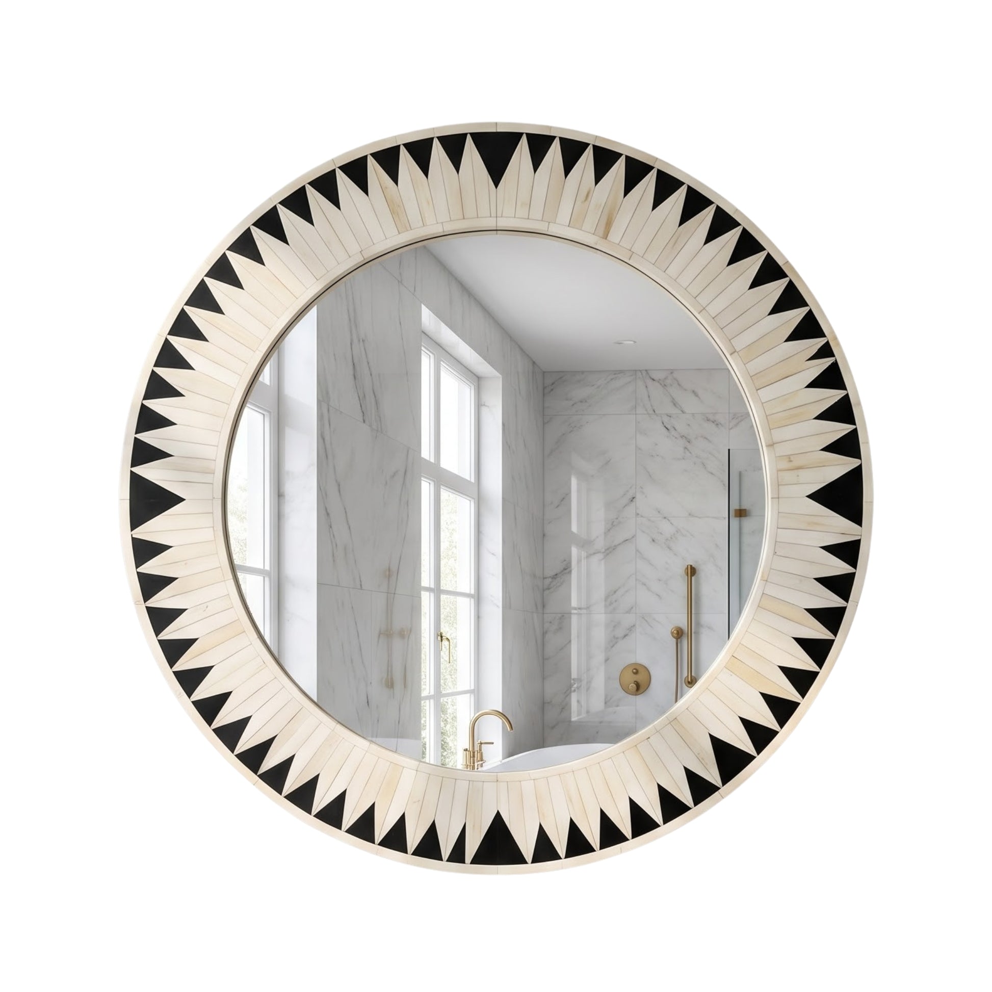 Round wall mirror with a decorative sunburst frame made of alternating black and warm off-white triangular inlays, shown against a plain white background.