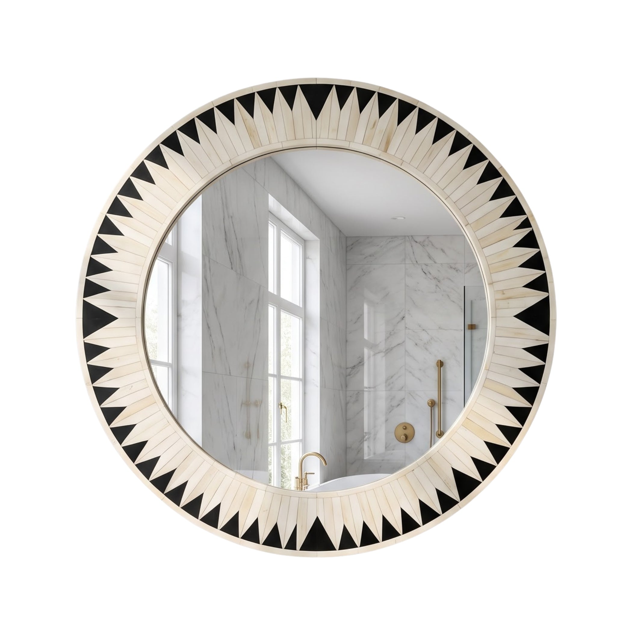 Round wall mirror with a decorative sunburst frame made of alternating black and warm off-white triangular inlays, shown against a plain white background.