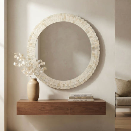 Handmade Bone Inlay Scalloped Round Mirror | Ivory Wall Art