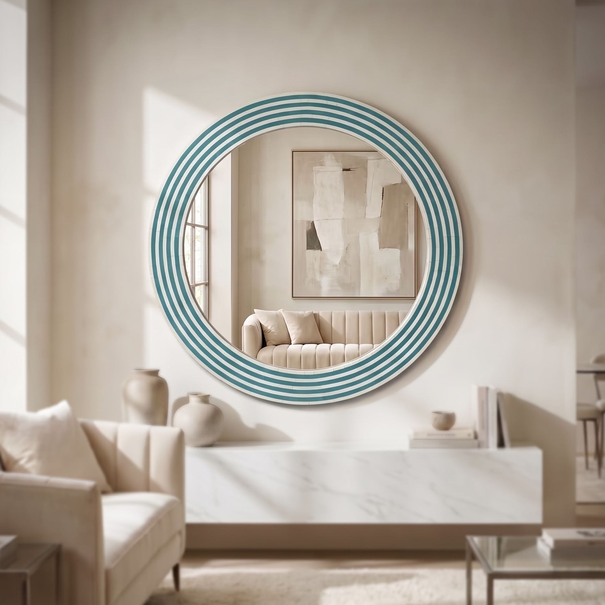 A round wall mirror with a striped turquoise and white frame, mounted on a beige wall in a modern living room setting.
