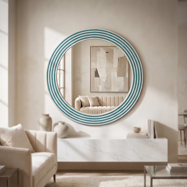 Handmade Bone Inlay Round Mirror | Turquoise Striped Wall Decor