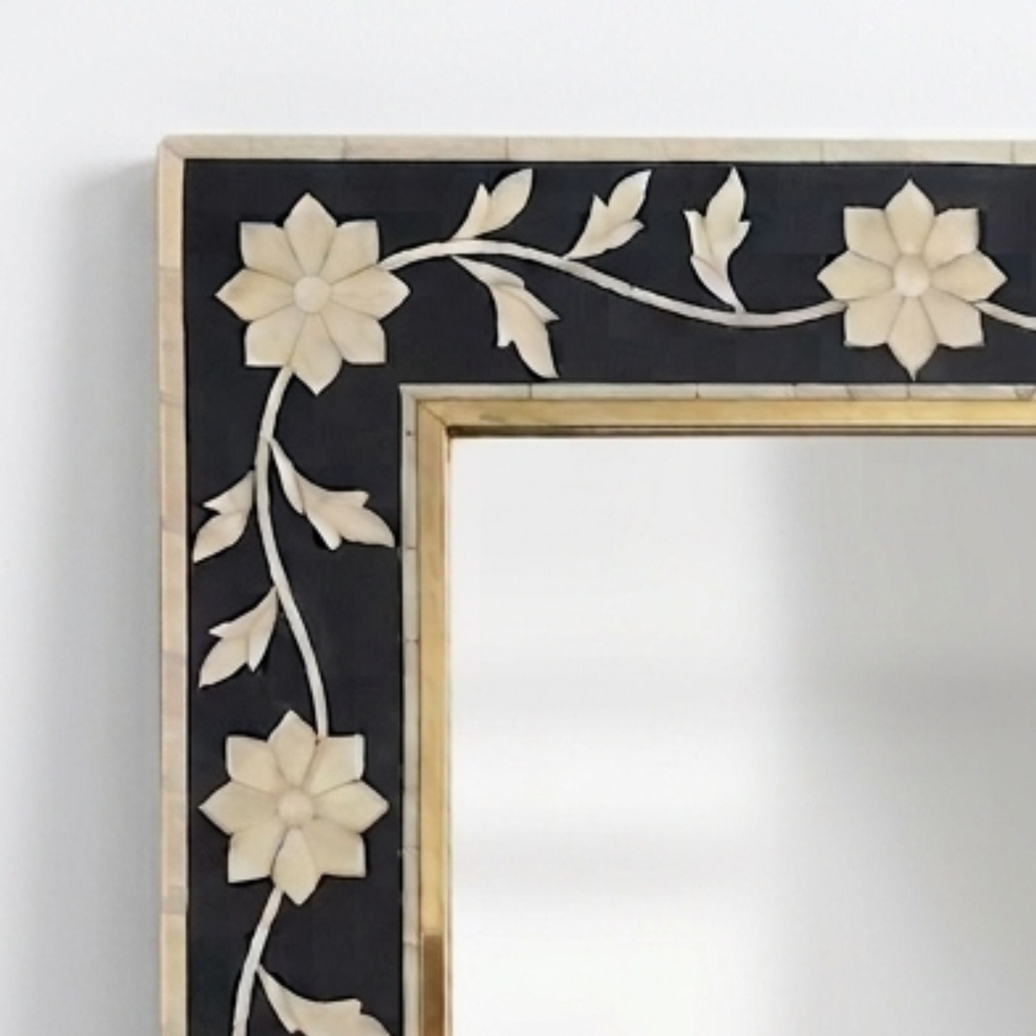 Handmade Bone Inlay Mirror | Floral Brass Detail Wall Decor