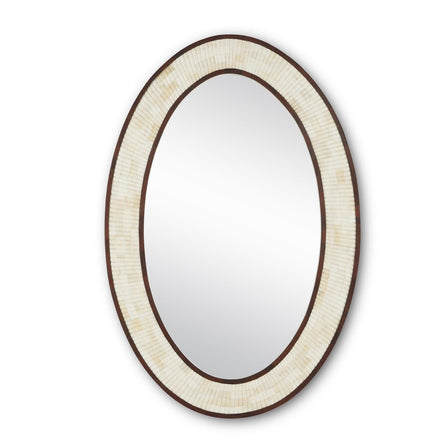 Cream and Beige Bone Inlay Oval Wall Mirror with Dark Brown Border - Handmade Bathroom Decor | The Regal Art