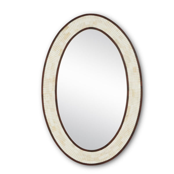 Cream and Beige Bone Inlay Oval Wall Mirror with Dark Brown Border - Handmade Bathroom Decor | The Regal Art