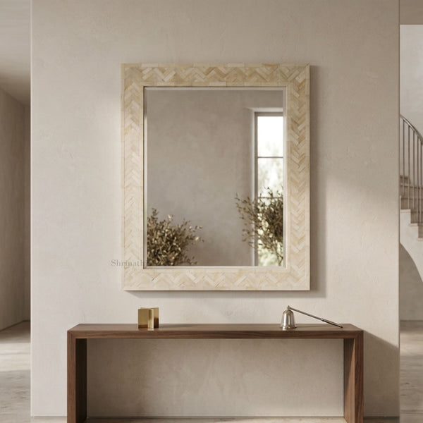 Handmade Bone Inlay Mirror Herringbone Pattern Wall Decor for Homes