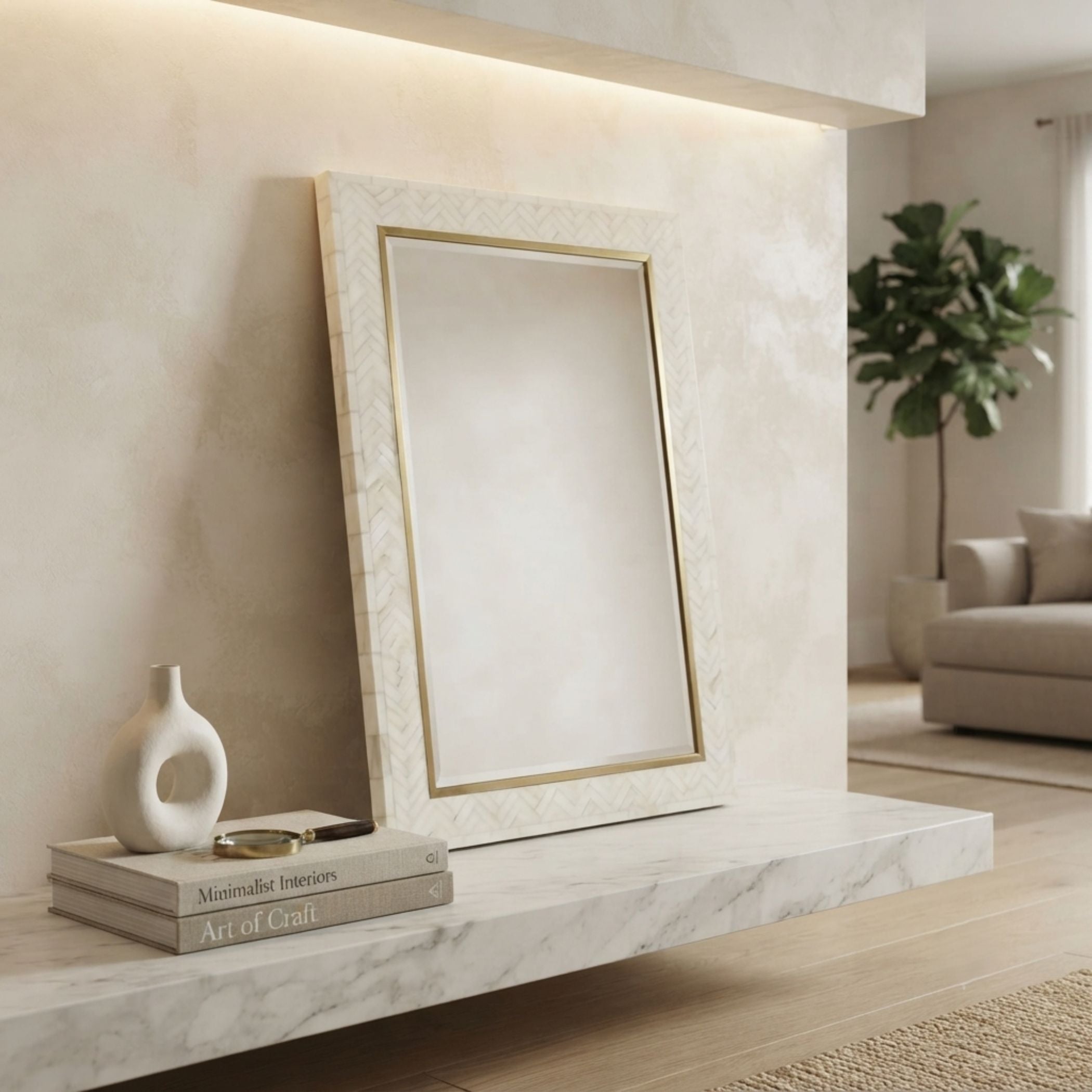 A large rectangular mirror with an ornate cream and gold frame leans against a textured beige wall on a floating white marble shelf. The scene is styled in a modern living room with a white ceramic vase, books, a sofa, and a potted plant in the background.