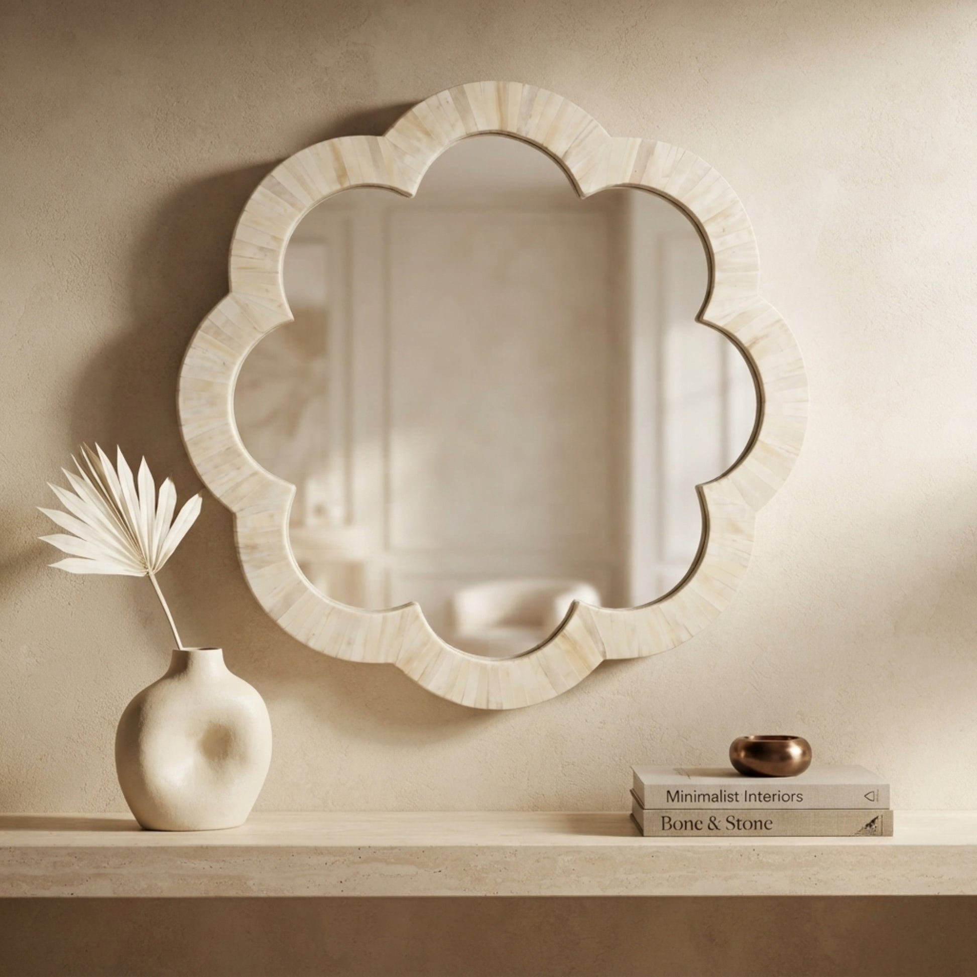 A scalloped wall mirror with a textured cream-colored frame, styled on a wooden shelf next to a ceramic vase with dried leaves and a stack of books.