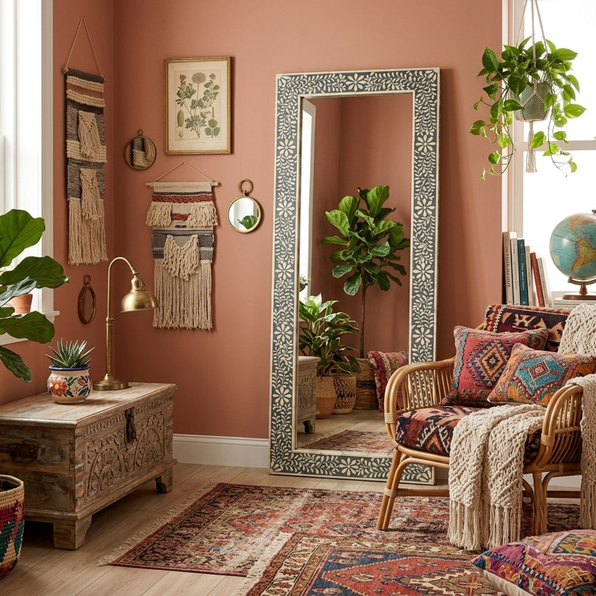 A tall floor mirror with an ornate black-and-white geometric border stands in a styled room with terracotta walls, a wicker armchair with patterned cushions and a cream throw, a carved wooden chest, hanging textiles, plants, and a window.