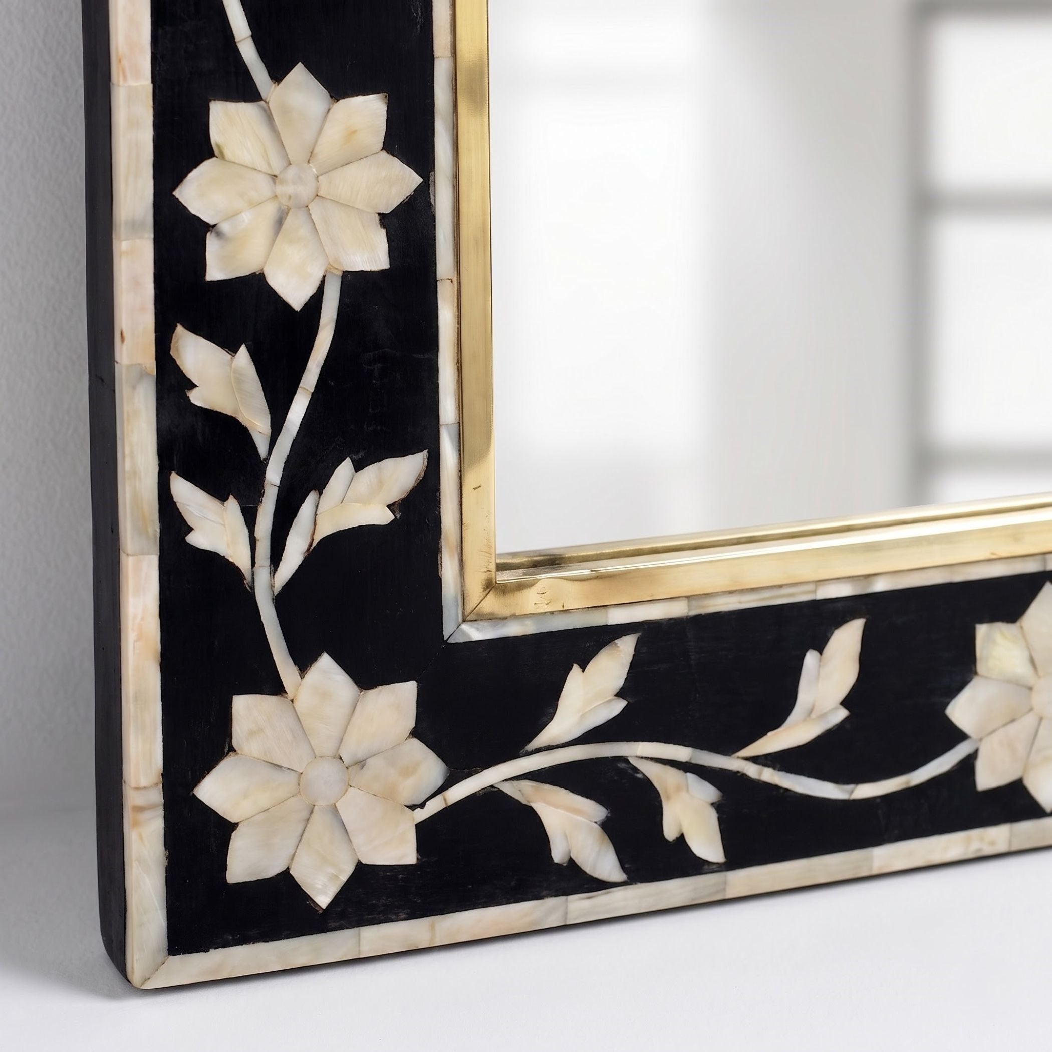 Handmade Bone Inlay Mirror | Floral Brass Detail Wall Decor