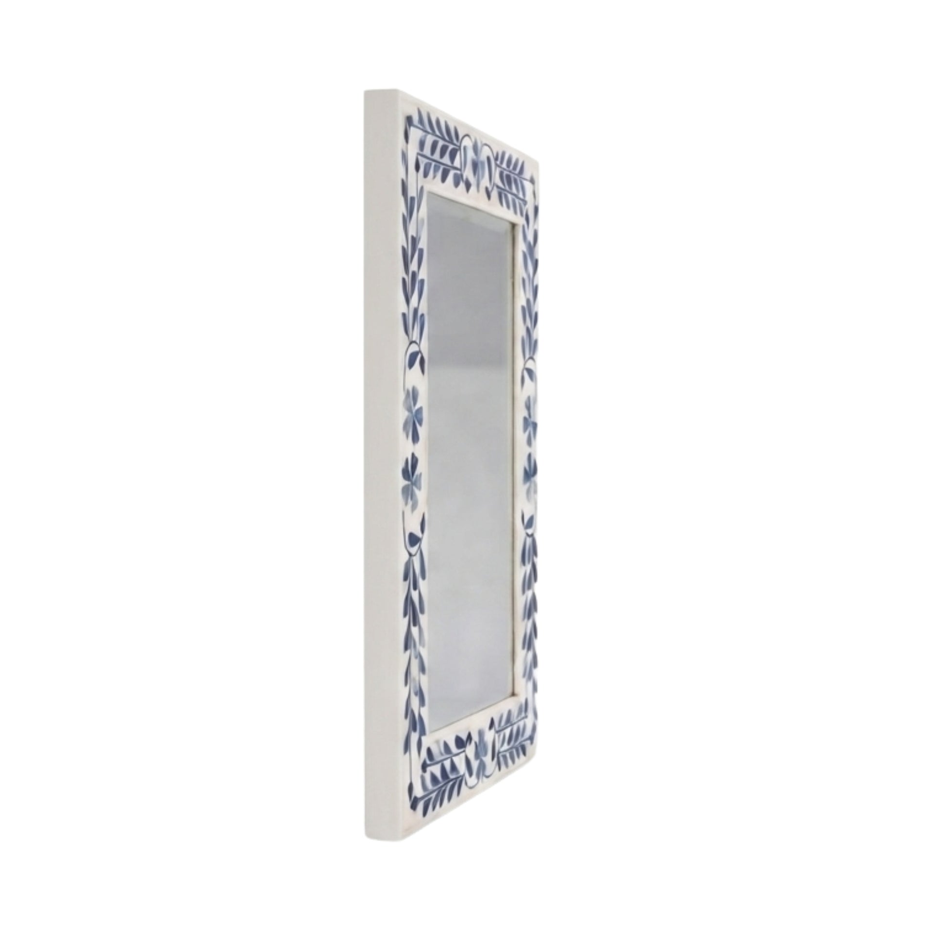 A vertical rectangular wall mirror with a white frame decorated with blue floral and leaf patterns along the border, shown against a plain white background.