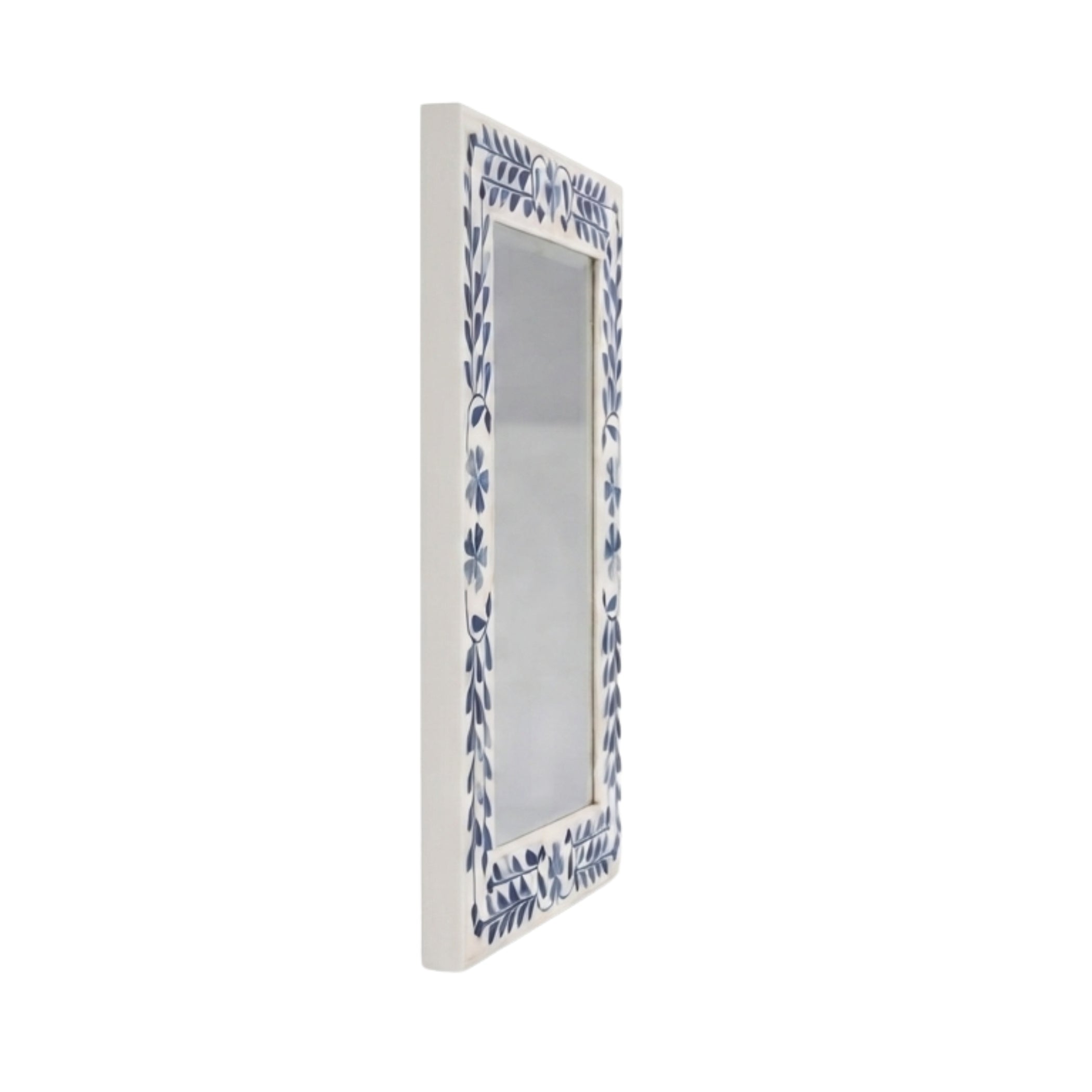 A vertical rectangular wall mirror with a white frame decorated with blue floral and leaf patterns along the border, shown against a plain white background.