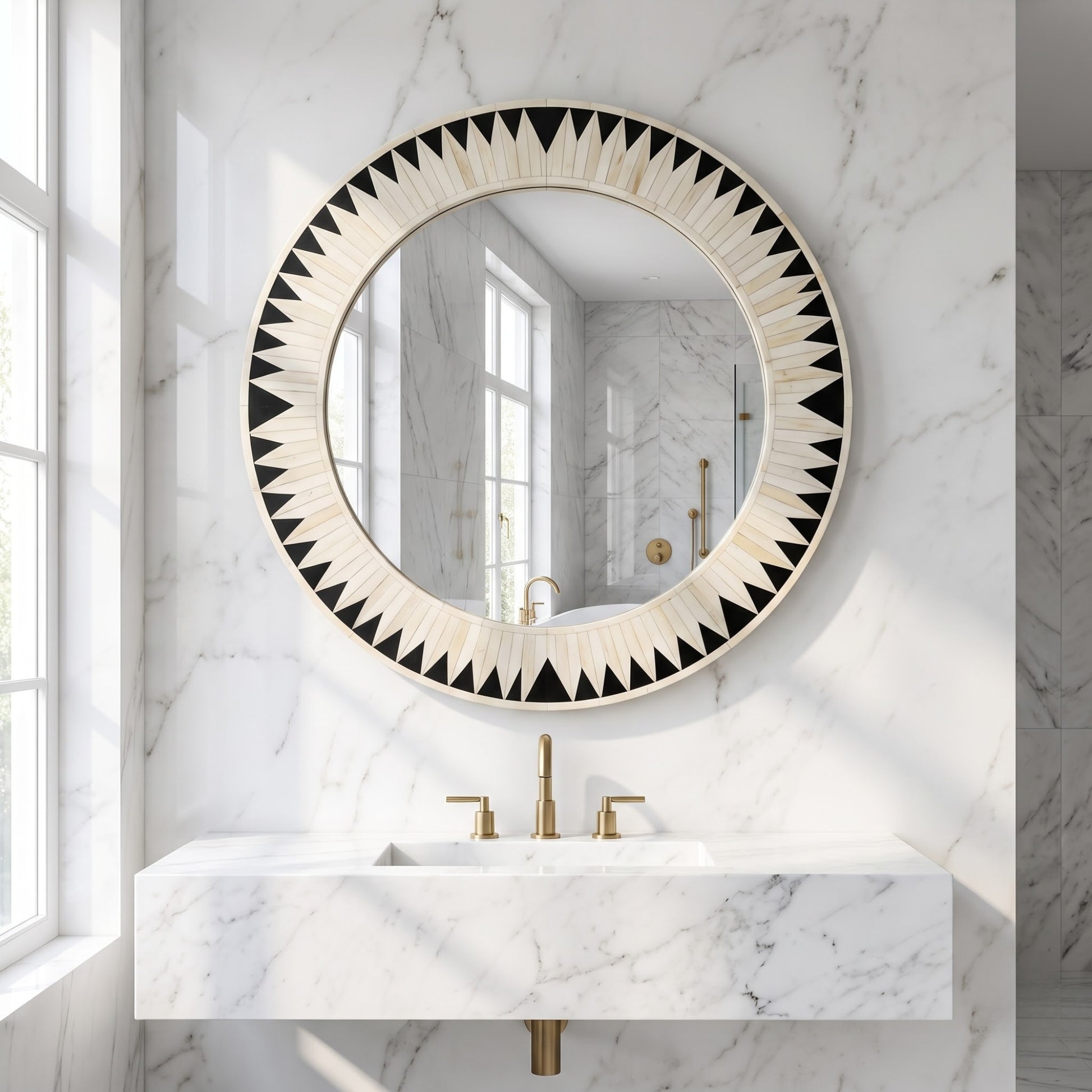 Round wall mirror with a black and beige geometric sunburst pattern around the border, mounted on a white marble bathroom wall above a matching marble sink with gold fixtures.