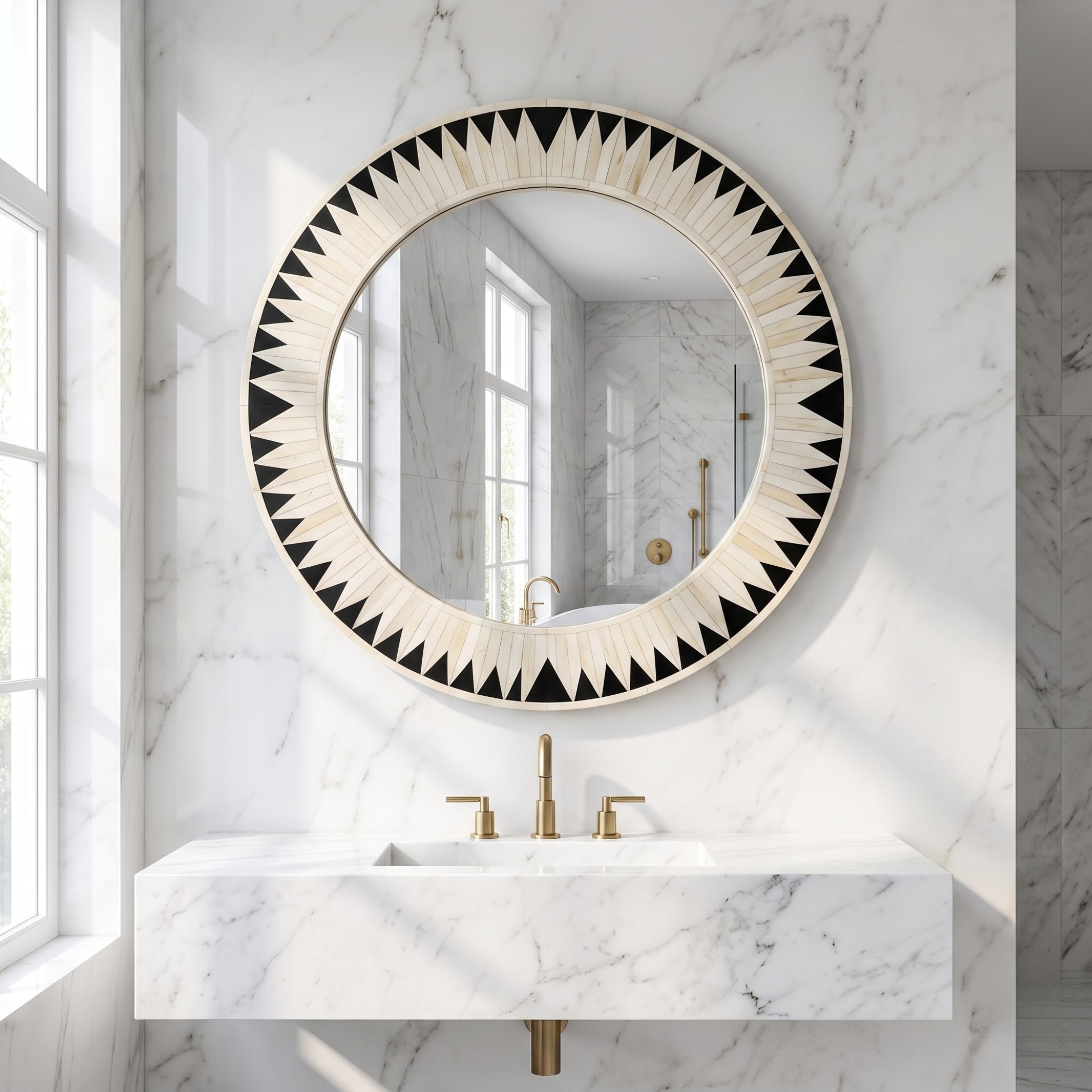 Round wall mirror with a black and beige geometric sunburst pattern around the border, mounted on a white marble bathroom wall above a matching marble sink with gold fixtures.