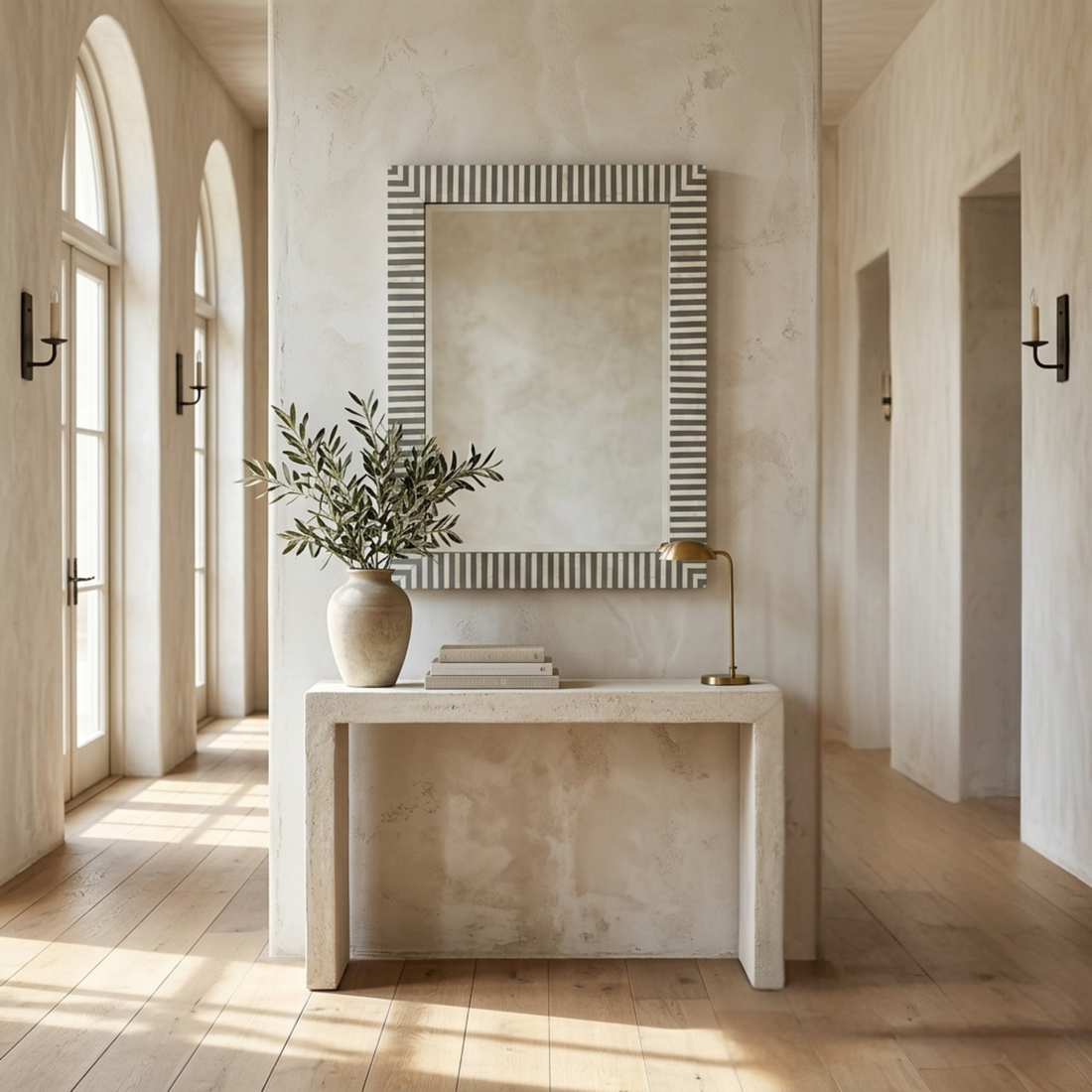 A large rectangular wall mirror with a striped border hangs above a stone console table in a bright, sunlit hallway with arched windows and light wood flooring.