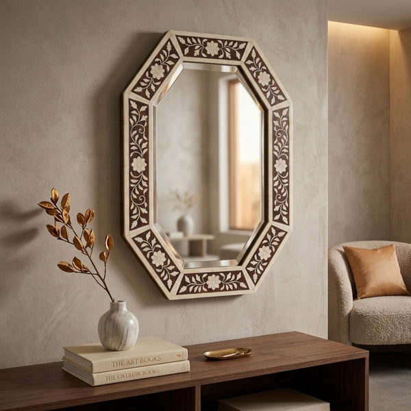 Handmade Bone Inlay Octagonal Mirror | Floral Wood Frame | Luxury Wall Décor