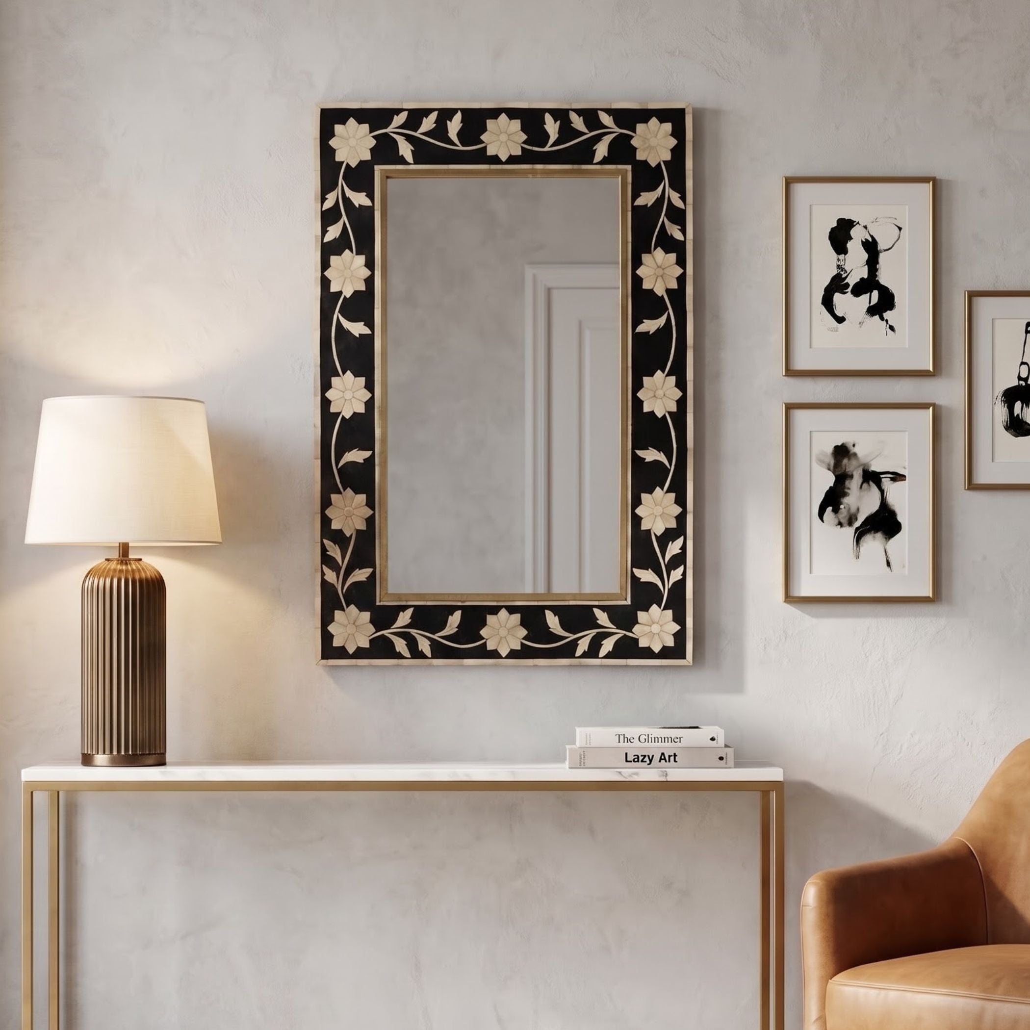Handmade Bone Inlay Mirror | Floral Brass Detail Wall Decor