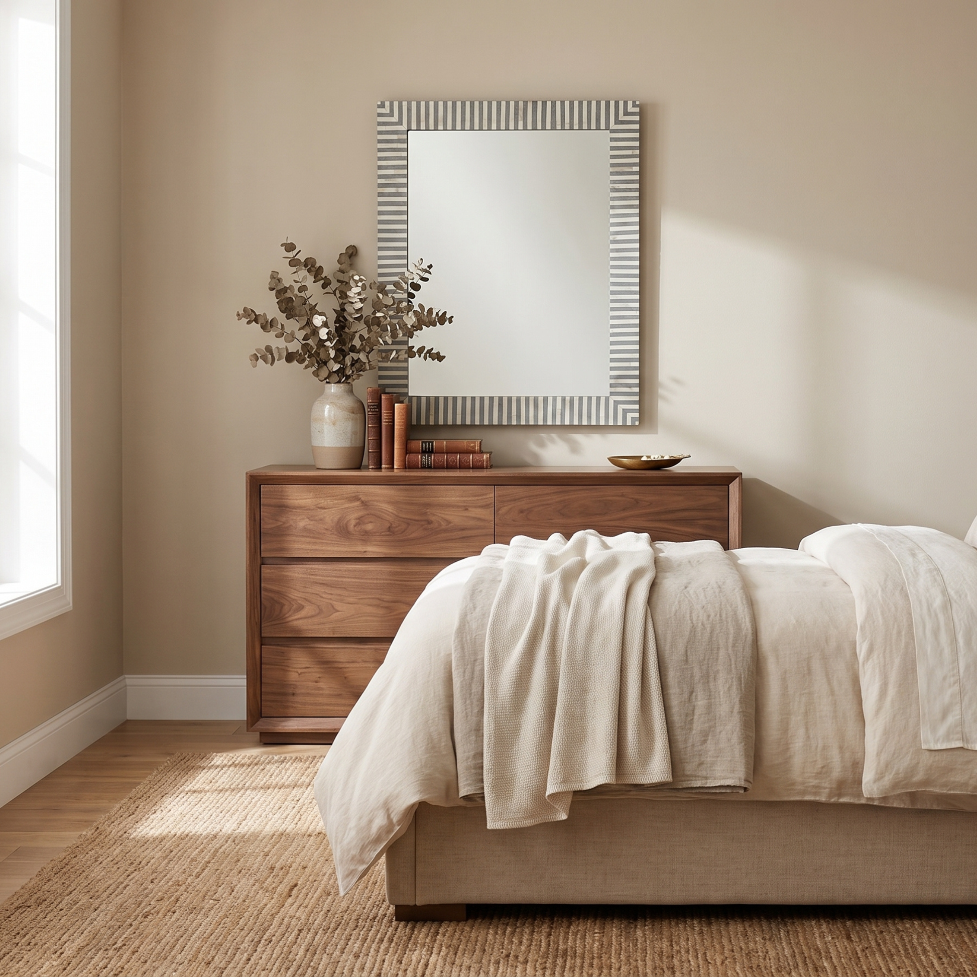 A styled bedroom scene featuring a wooden three-drawer dresser with a matching rectangular mirror above it, set against warm beige walls. A bed with cream bedding and a draped throw blanket is positioned in the foreground on a woven rug, with a vase of dried branches on the dresser.