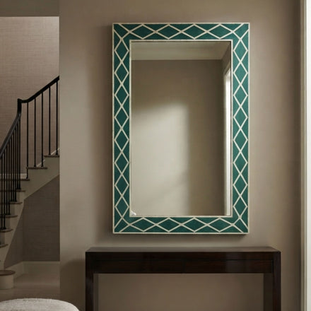 Green Geometric Diamond Bone Inlay Mirror | Handmade