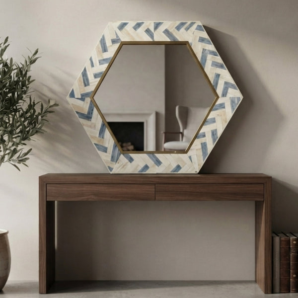 Blue Bone Inlay Hexagon Mirror with Brass Trim Handmade