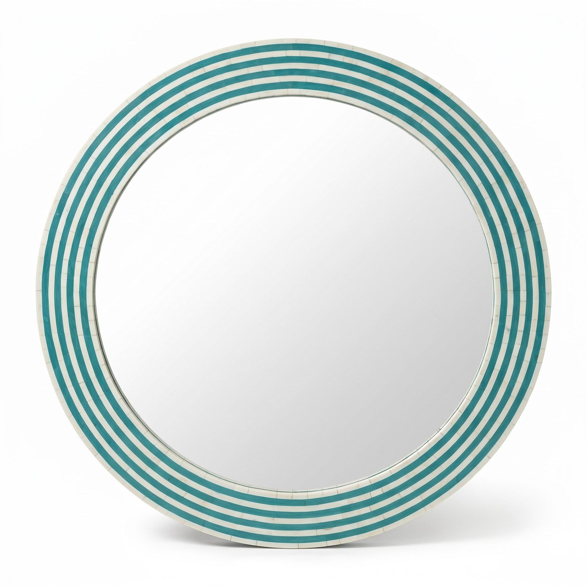 Round wall mirror with a wide decorative border featuring alternating teal and off-white horizontal stripes, shown on a clean white background.