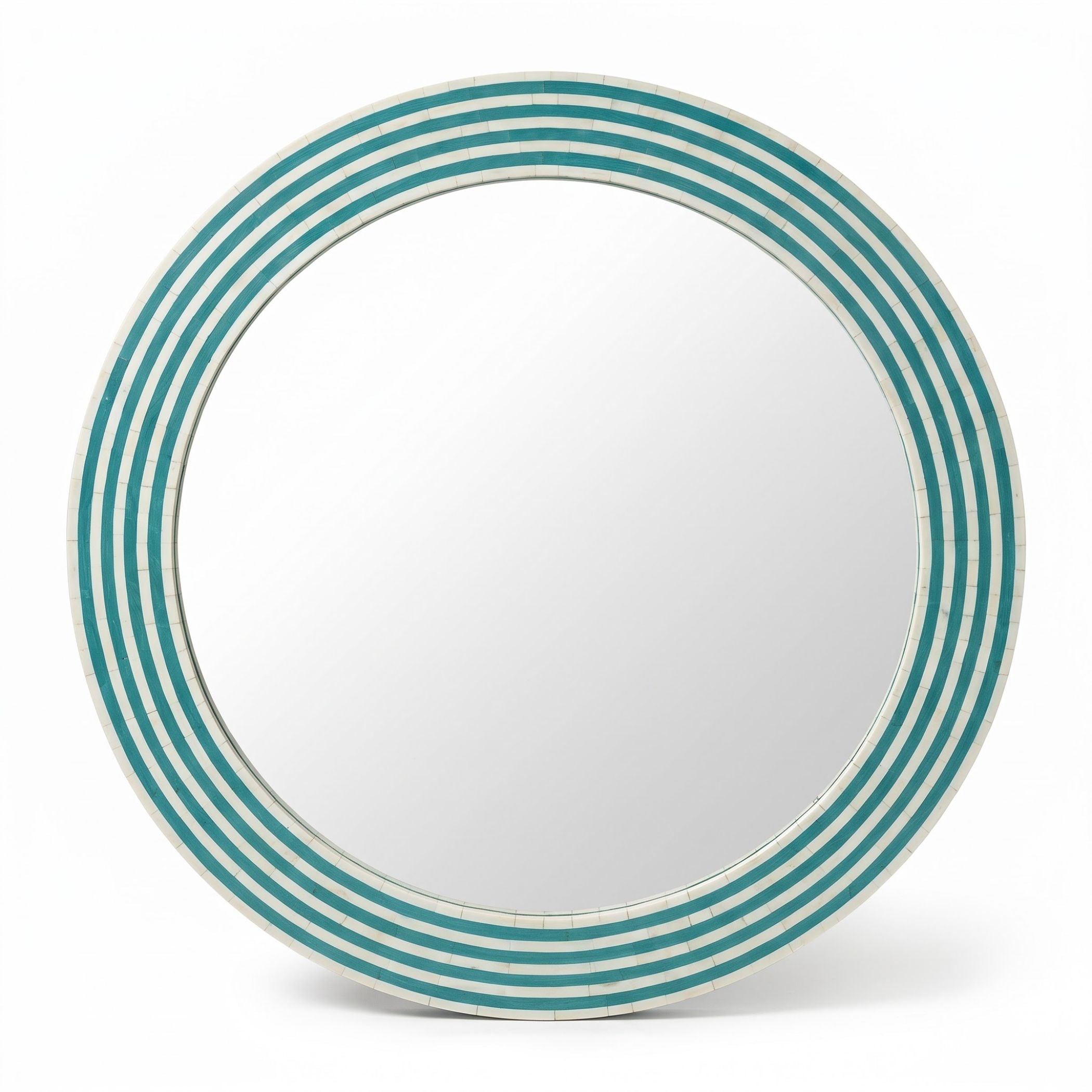 Round wall mirror with a wide decorative border featuring alternating teal and off-white horizontal stripes, shown on a clean white background.