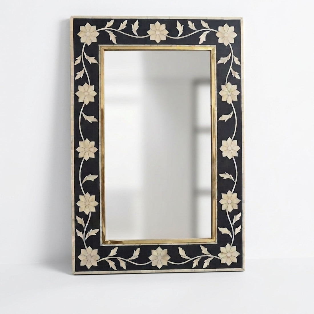 Handmade Bone Inlay Mirror | Floral Brass Detail Wall Decor