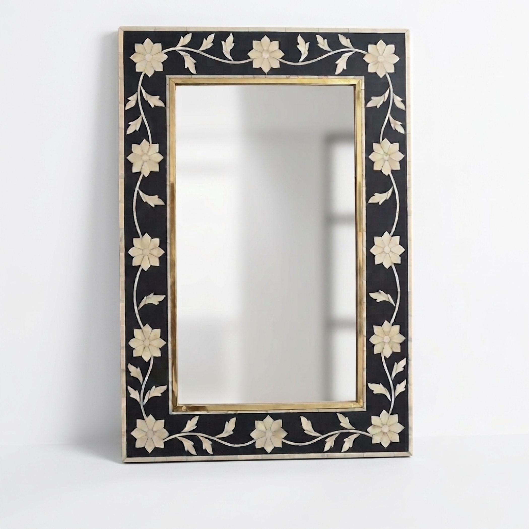 Handmade Bone Inlay Mirror | Floral Brass Detail Wall Decor