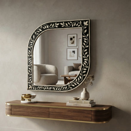 Handmade Bone Inlay Floral Wall Mirror Black & White