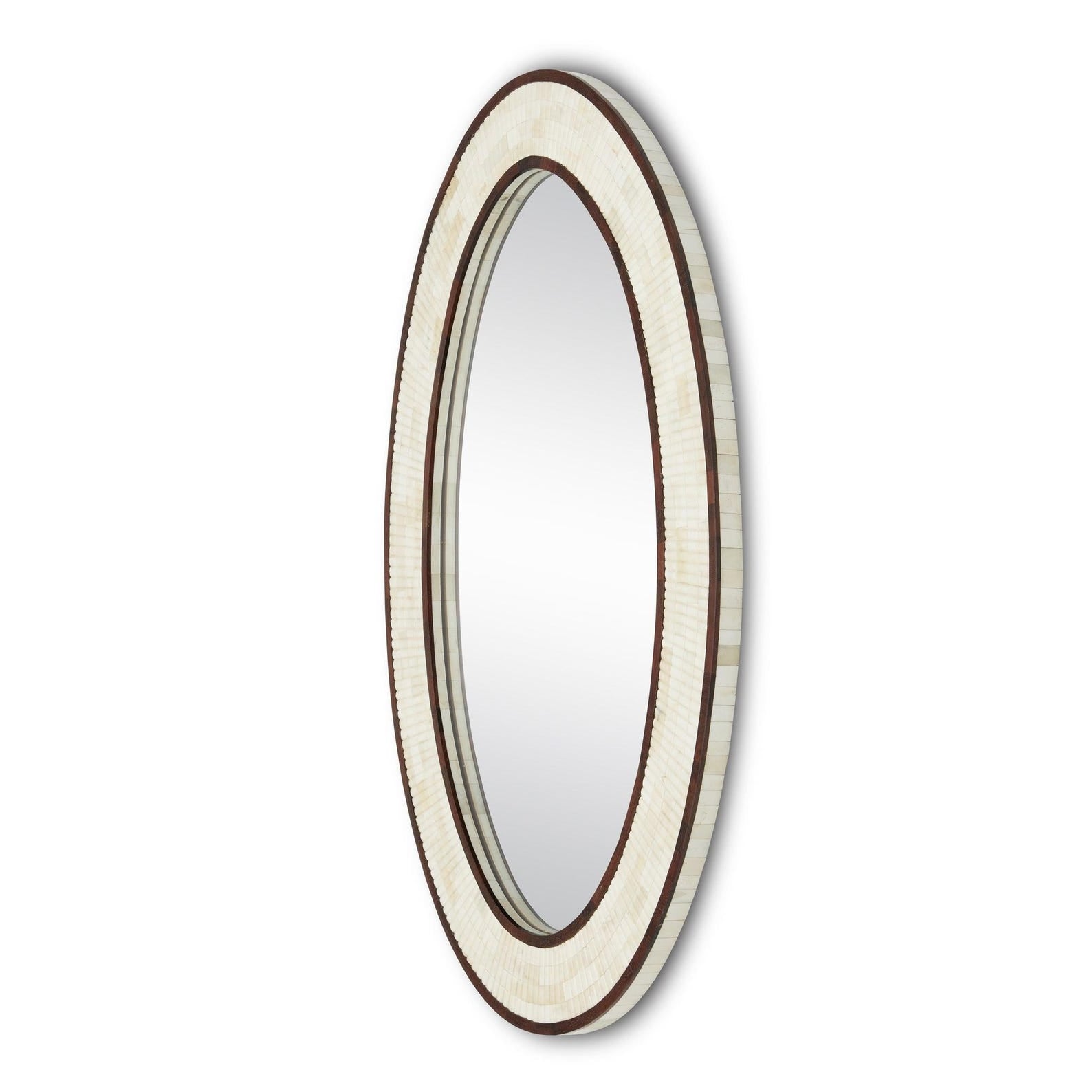 An oval wall mirror with a wide, textured cream-colored frame accented by dark brown beaded borders, shown against a plain white background.