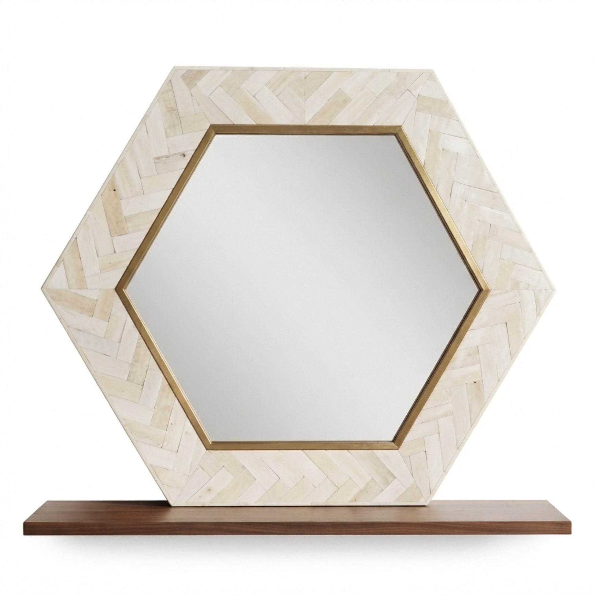 Hexagonal wall mirror with a light beige herringbone-patterned frame, gold inner trim, and a dark brown wooden base, shown on a white background.