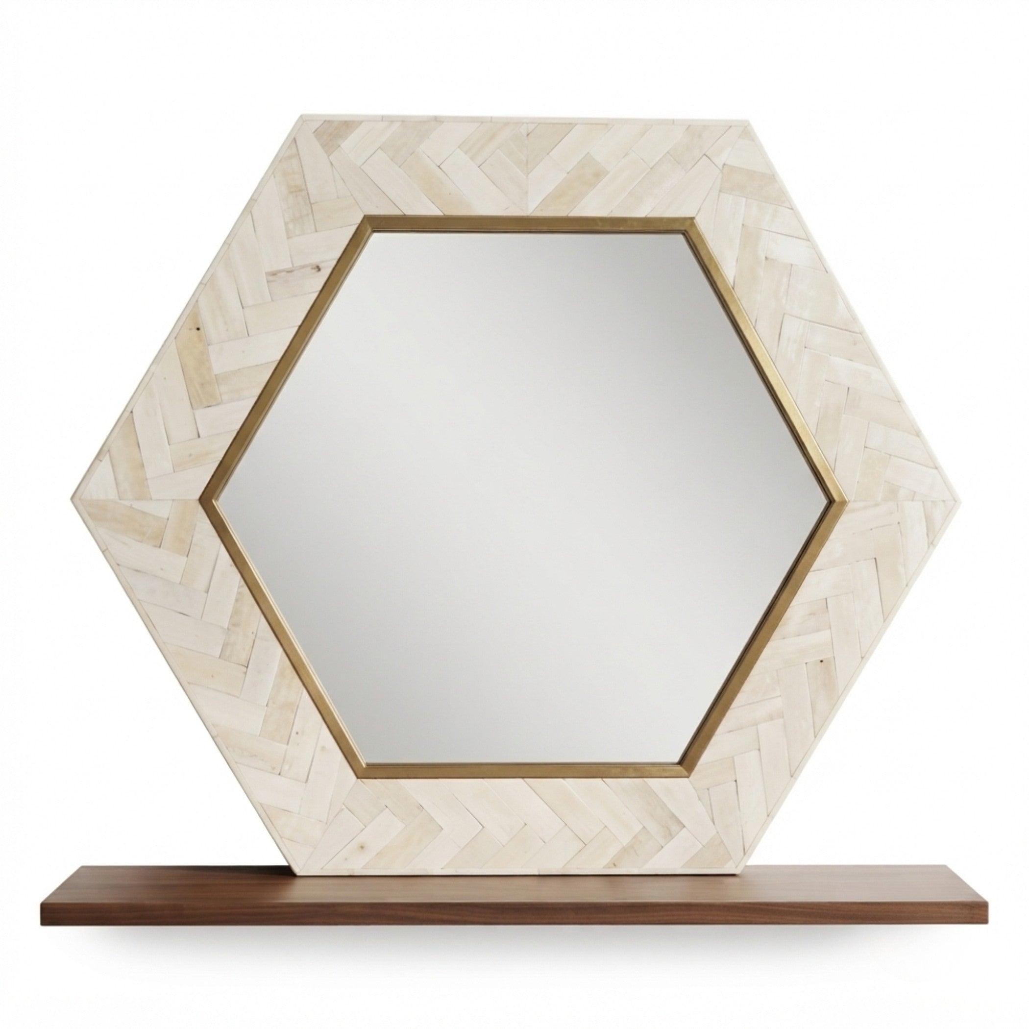Hexagonal wall mirror with a light beige herringbone-patterned frame, gold inner trim, and a dark brown wooden base, shown on a white background.