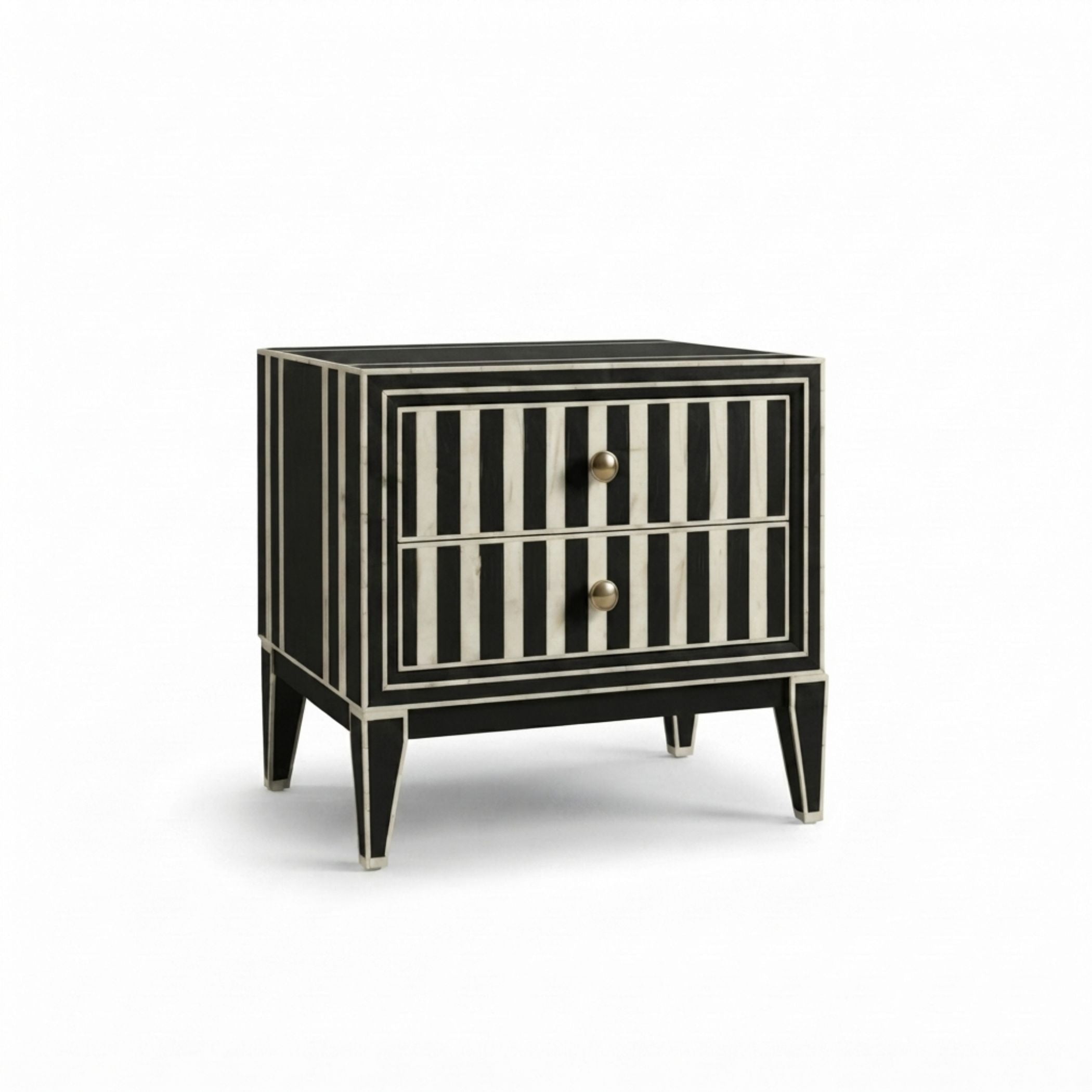 A two-drawer nightstand with a black and white striped bone-inlay design and small round brass knobs, shown on a plain white background.