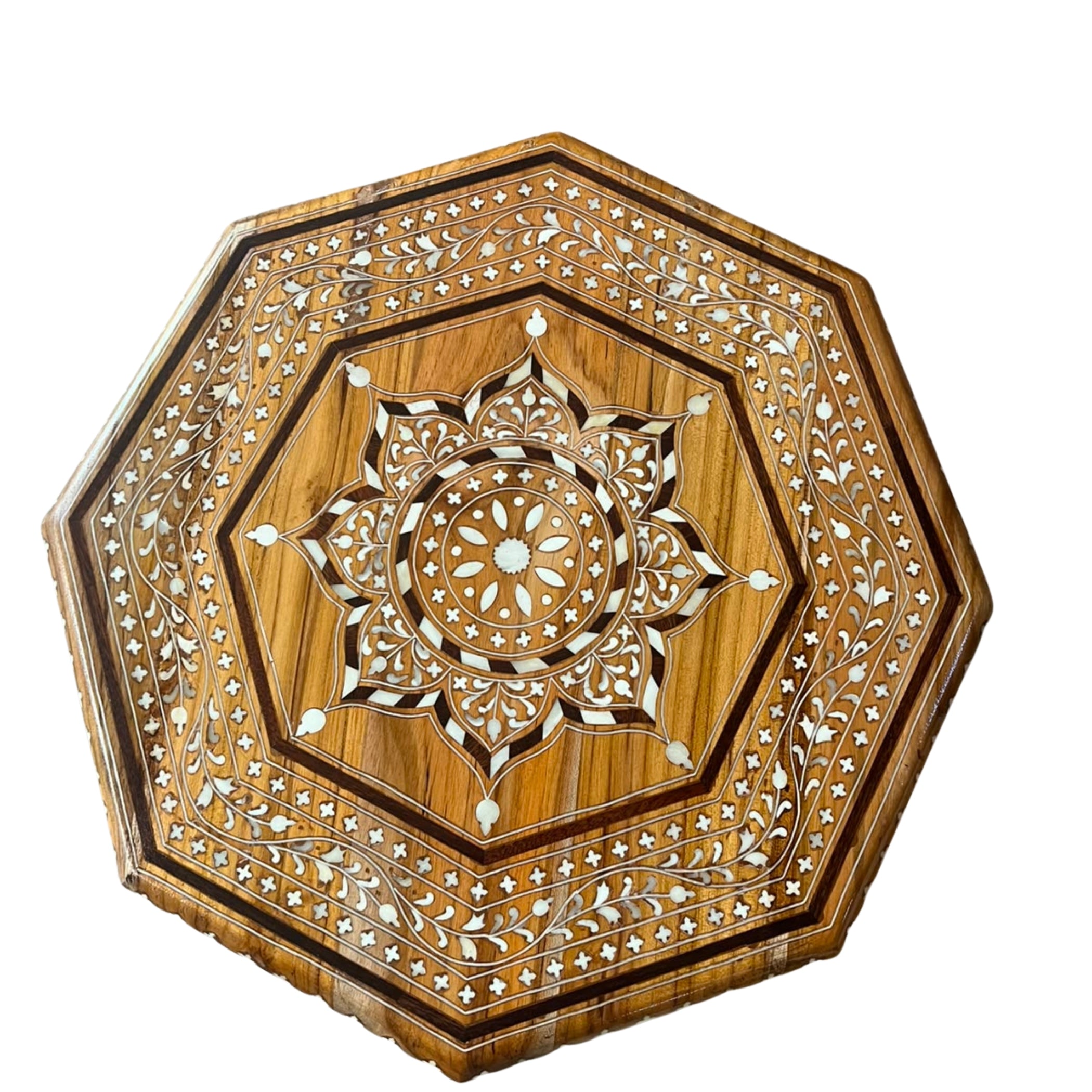 An octagonal wooden Side table  featuring intricate inlay work with a central floral mandala design and geometric patterns, shown on a plain white background.