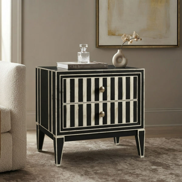 Black Bone Inlay Nightstand | 2 Drawer Luxury Bedside Table