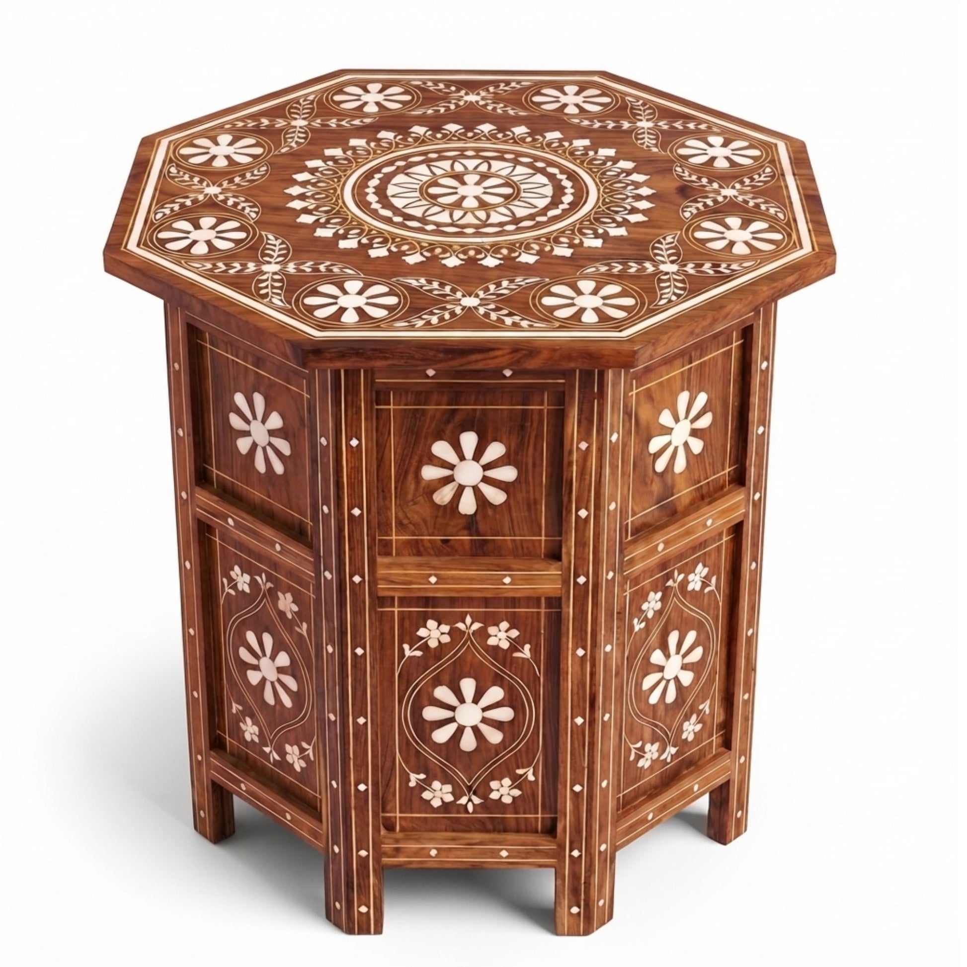 An octagonal wooden side table with intricate white inlay floral and geometric patterns, set against a plain white background.