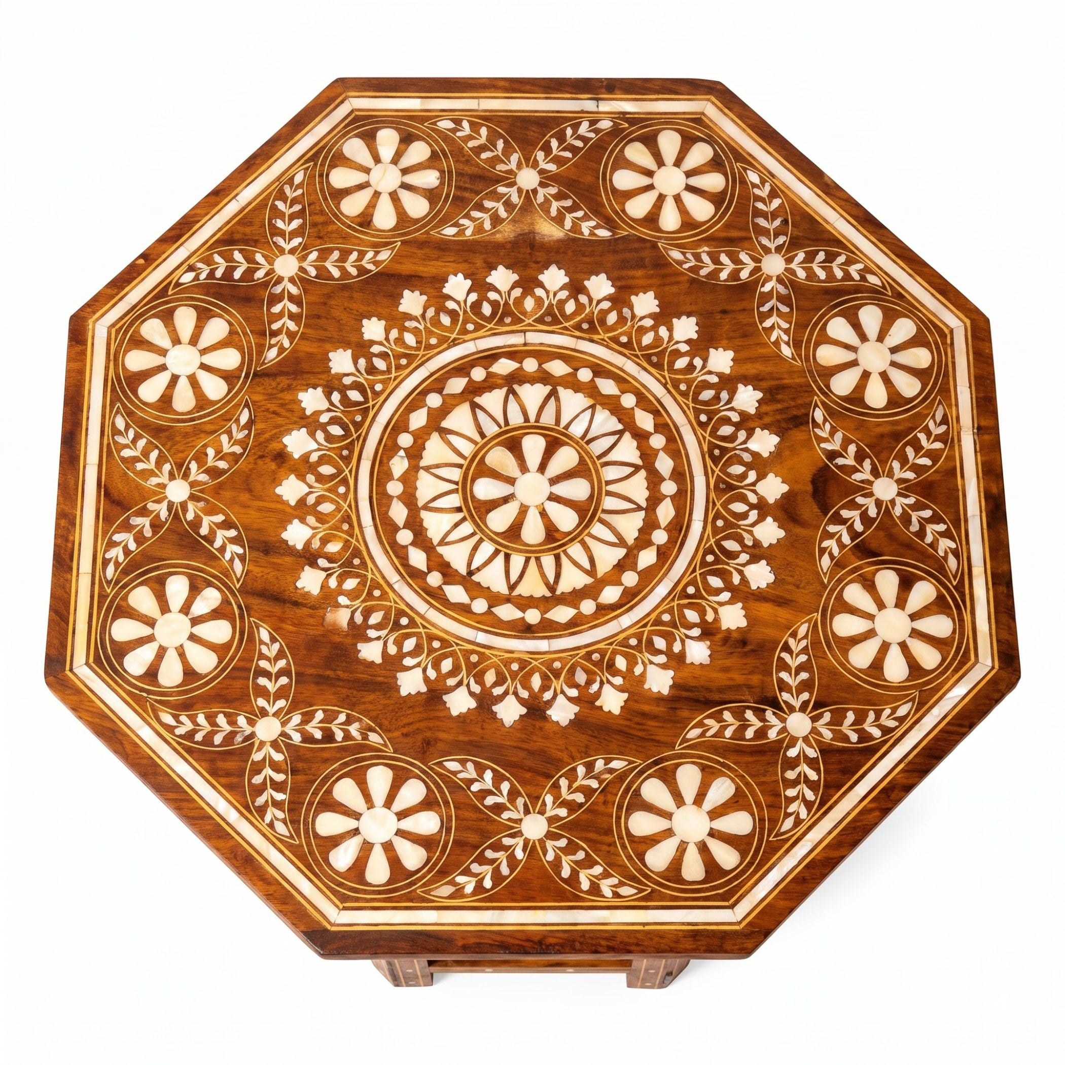 An octagonal wooden table top featuring intricate inlay work with floral and geometric patterns in warm brown and light beige wood tones, shown from a top-down perspective on a white background.