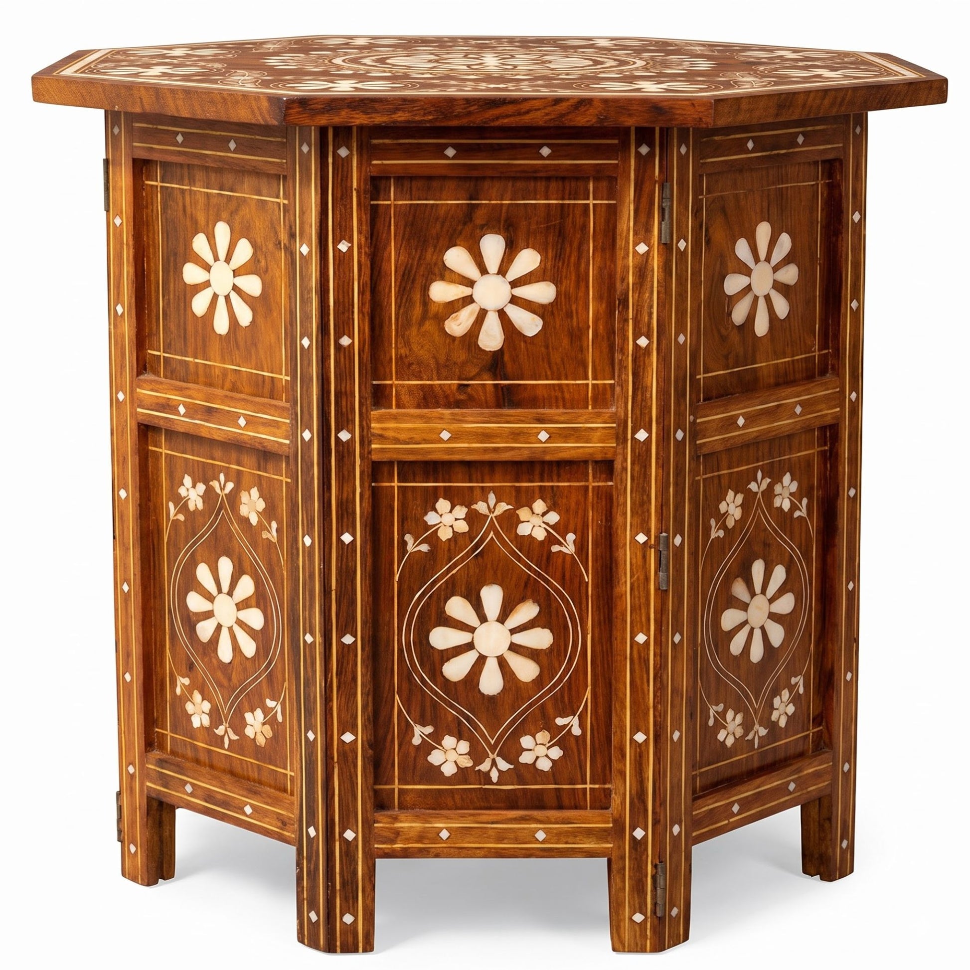 A hexagonal wooden cabinet with intricate floral inlay detailing, featuring a warm medium-brown wood finish and light-colored geometric and floral patterns on the doors and top surface.