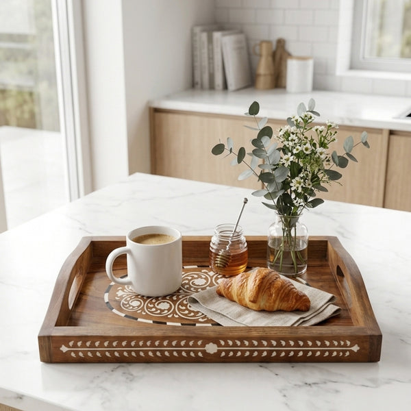 Handcrafted Bone Inlay Wooden Decorative Serving Tray