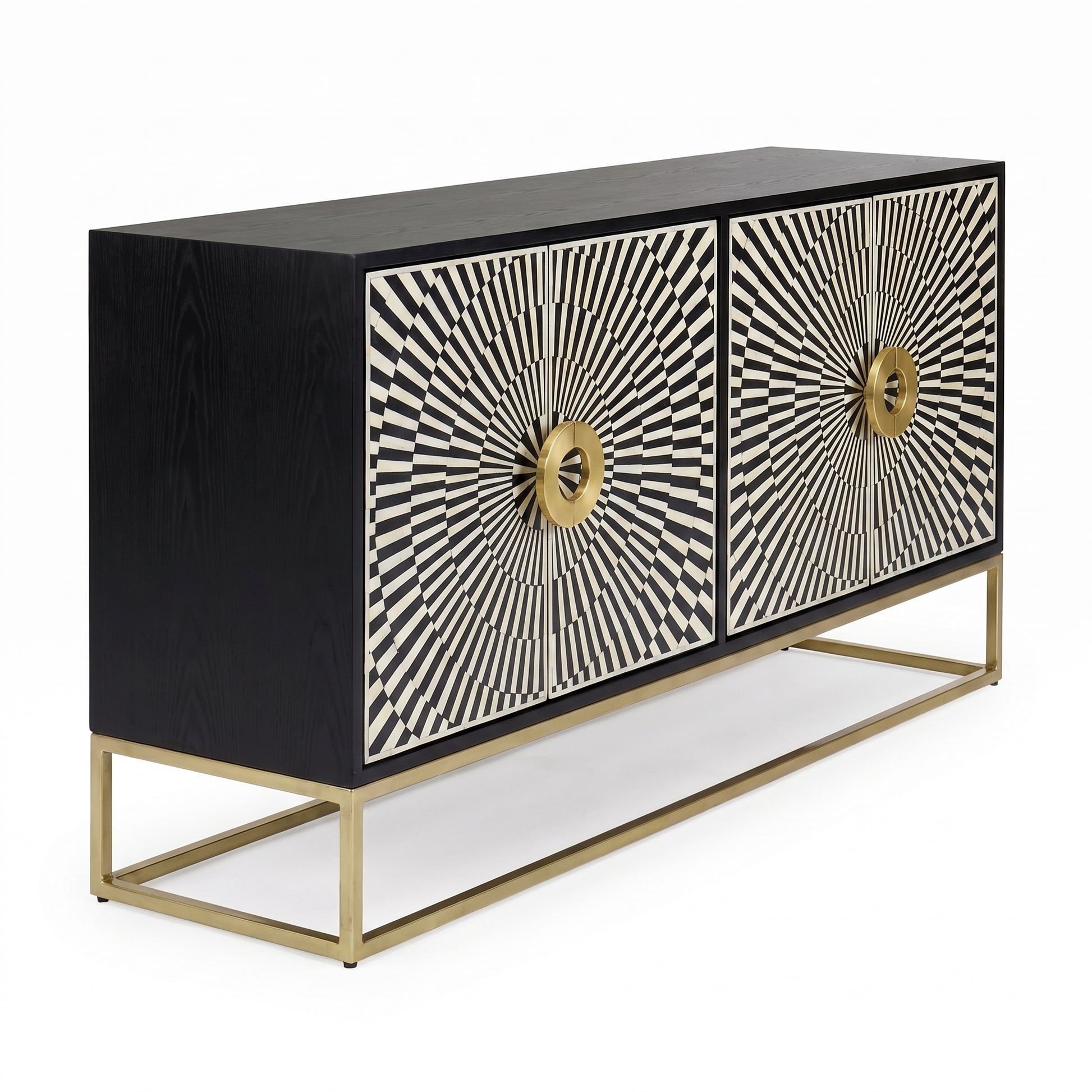 A modern two-door sideboard featuring black wood grain sides and doors with intricate black-and-white radial bone inlay patterns, accented by gold-tone metal hardware and a matching gold metal frame base.