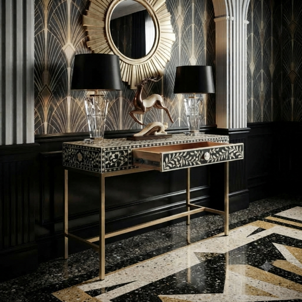 Bone Inlay Console Table – Black & White Floral